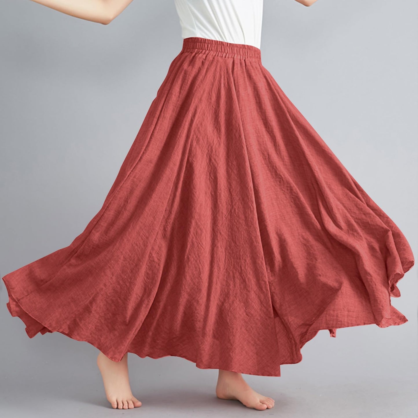 Womens Linen Maxi Skirts Summer Boho Solid Beach Elastic High Waist Pleated A-Line Flowy Swing Long Maxi Skirts
