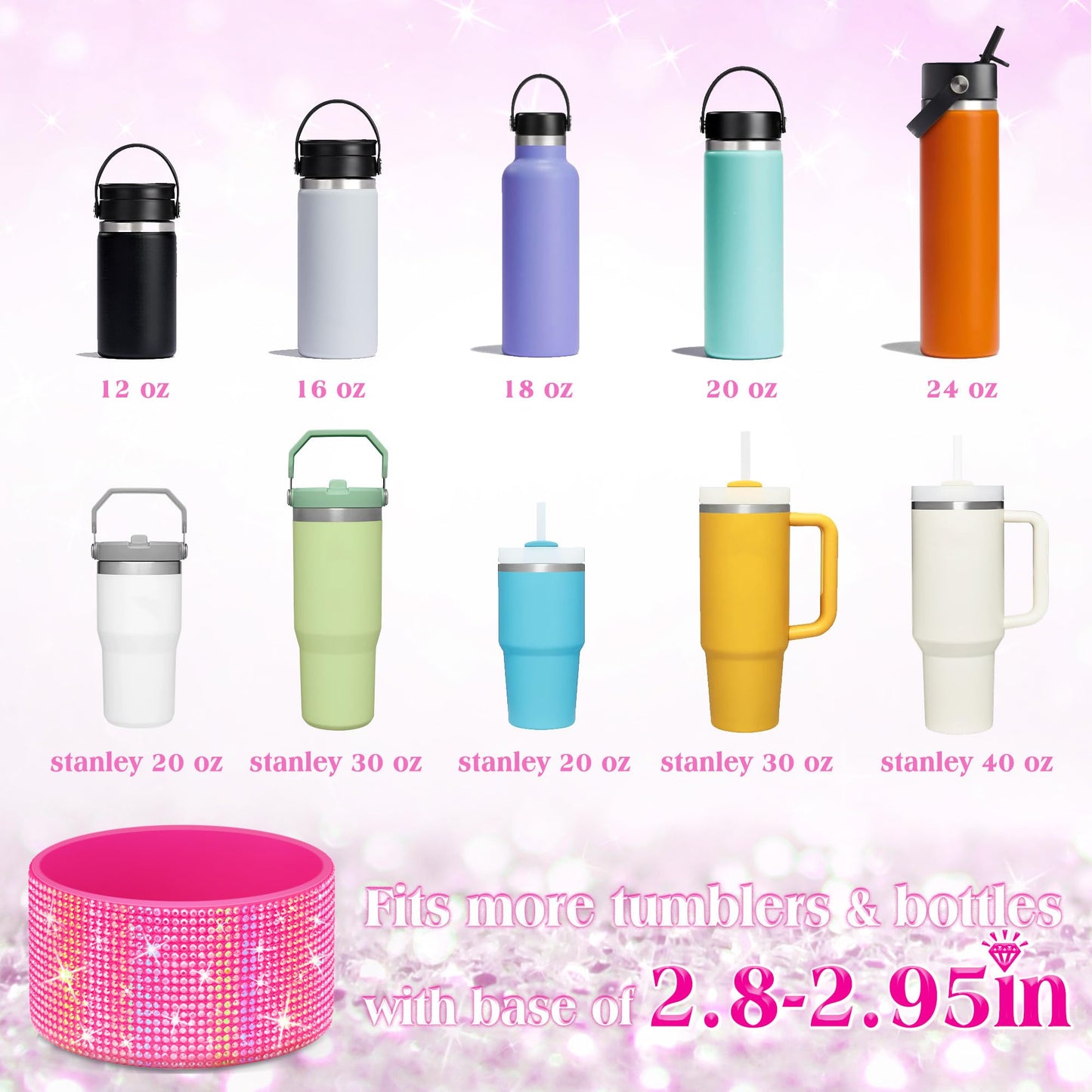 Shining Diamond Silicone Boot for Stanley Cup 20-40oz, Anti-slip Sleeve Made for Hydro Flask Water Bottle 12-24oz & Simple Modern 20-40oz, for More Water Bottles/Tumblers of 2.8-2.95" Base, Rose Red