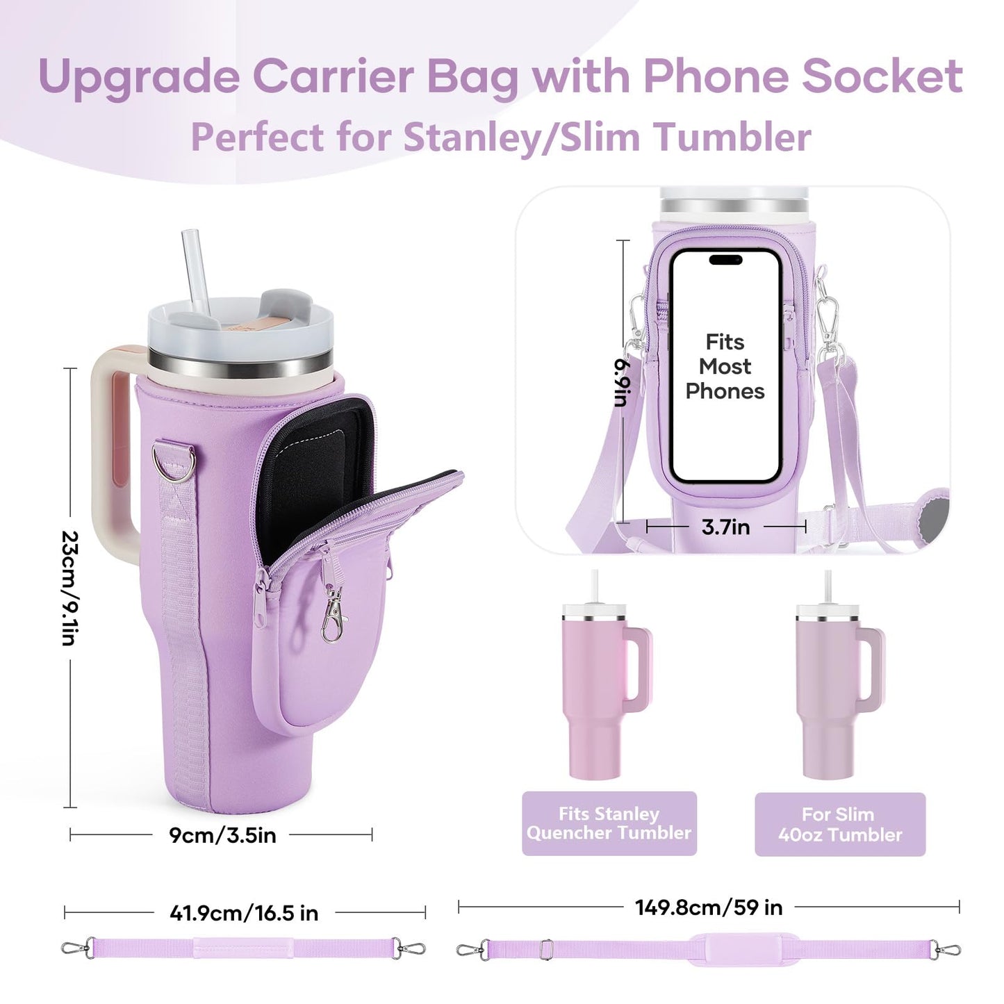 linmaya Water Bottle Carrier Bag with Phone Pocket for Stanley 40/30 oz Tumbler Neoprene Water Bottle Holder Pouch with 2 Adjustable Strap & 3 Leak Stoppers for Stanley Cup Accessories