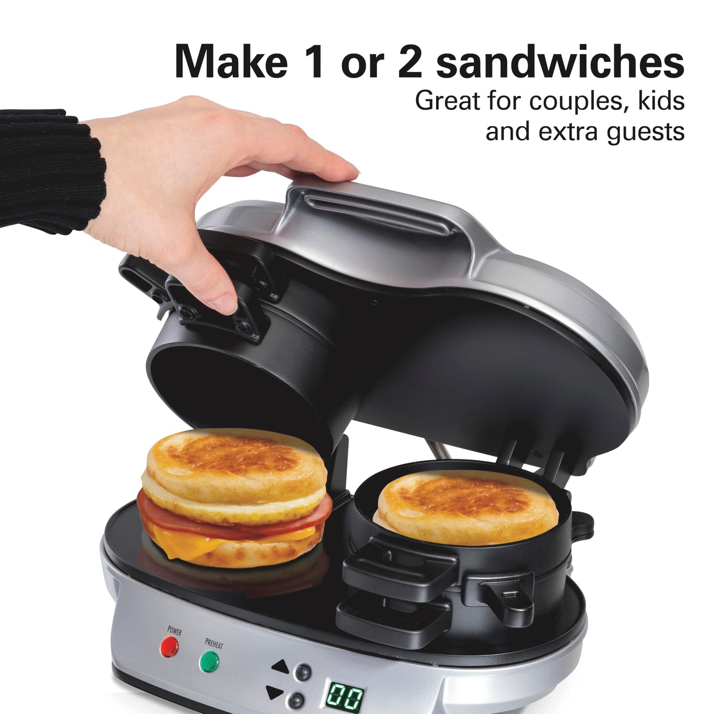 Hamilton Beach Dual Breakfast Sandwich Maker with Timer, Ready in 5 Minutes, Removable Dishwasher Safe PFAS-Free Non-Stick Egg Cooker Ring, Silver (25490MNA)