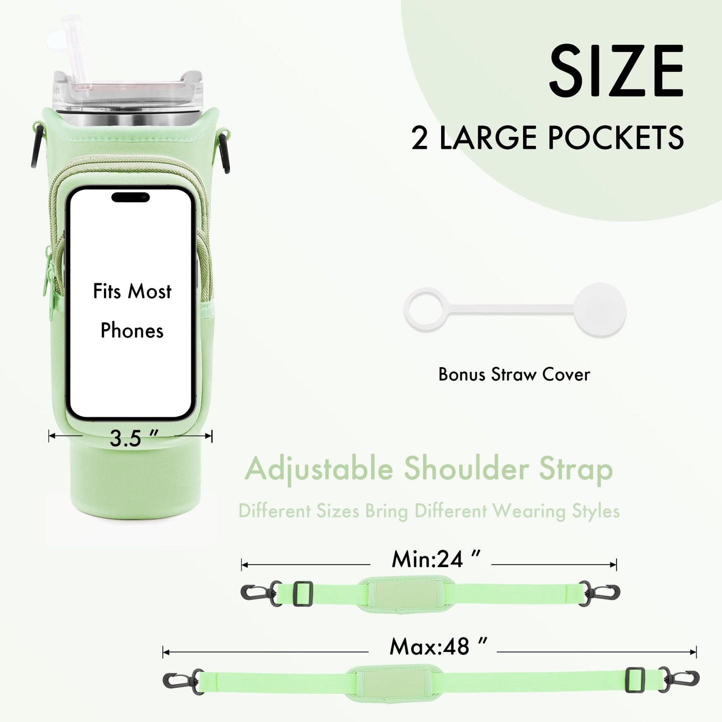 JEBEALUO Water Bottle Carrier Bag with Phone Pocket for Stanley Cup 40/30 oz, Water Bottle Holder with Adjustable Strap& Straw Cover, Stanley Cup Accessories (Mint Green)