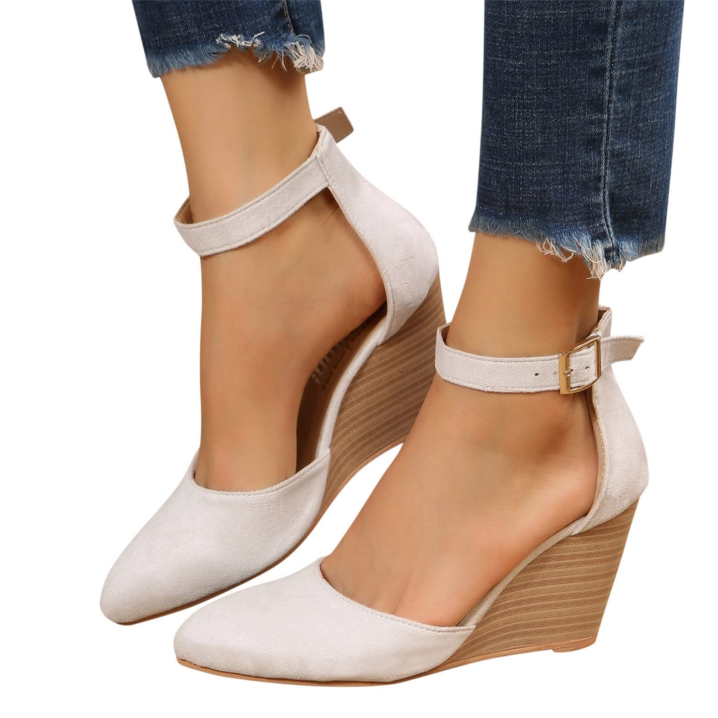 Women's Close Toe Espadrilles Wedge Sandals, Comfort Strappy Platform Slides Sandals Comfy Walking with Arch Support 02_Beige, 42
