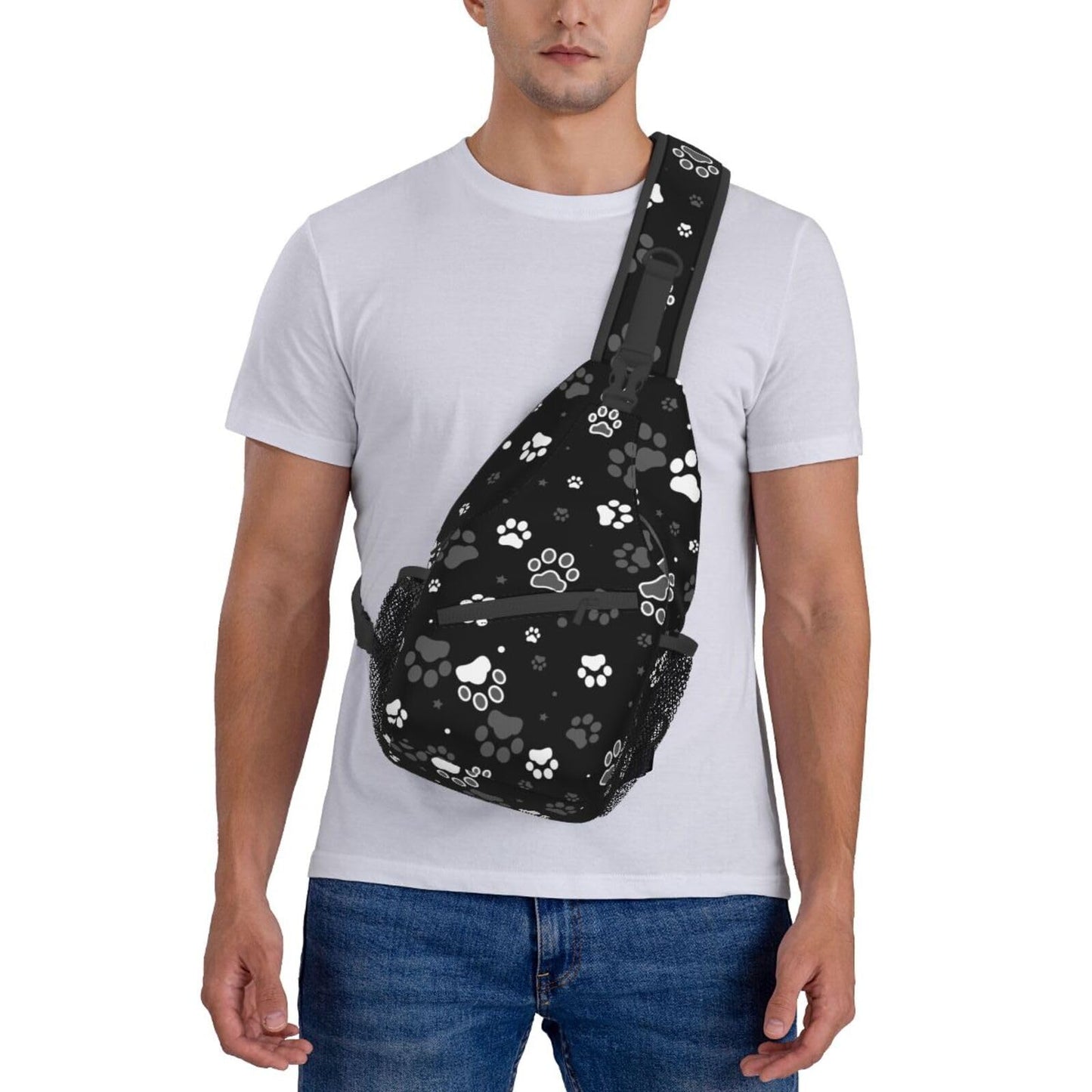 NISENASU Paw Print Sling Bag Crossbody Backpack,Dog Paw Print and Star on Black Background Chest Bag Adjustable Casual Shoulder Backpack Cute Animal Footprint Travel Hiking Daypack