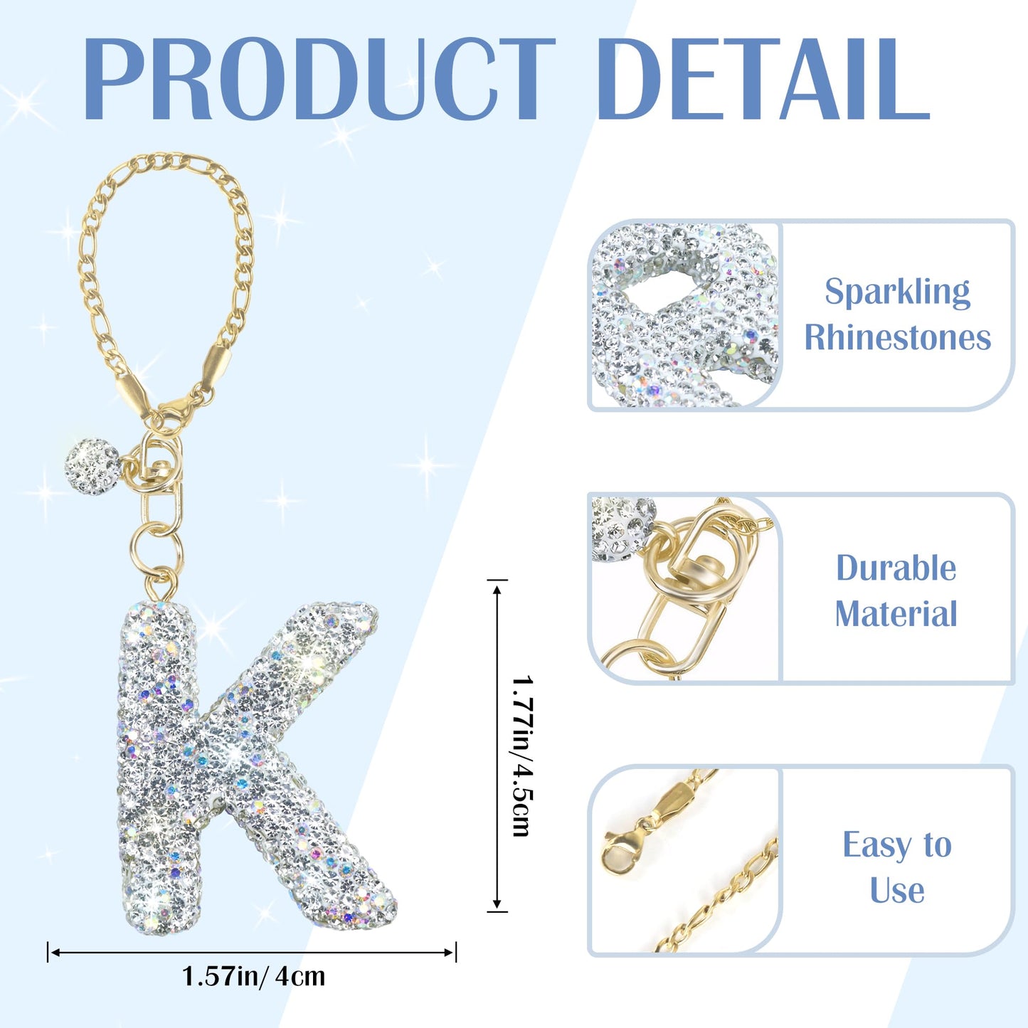 Mokoart Glitter Letter Tumbler Accessories for Stanley Cup, Water Bottle Chain for Stanley/Simple Modern Tumbler with Handle, Cute Initial Name ID with Bling Letter for Stanley Cup Accessories (K)