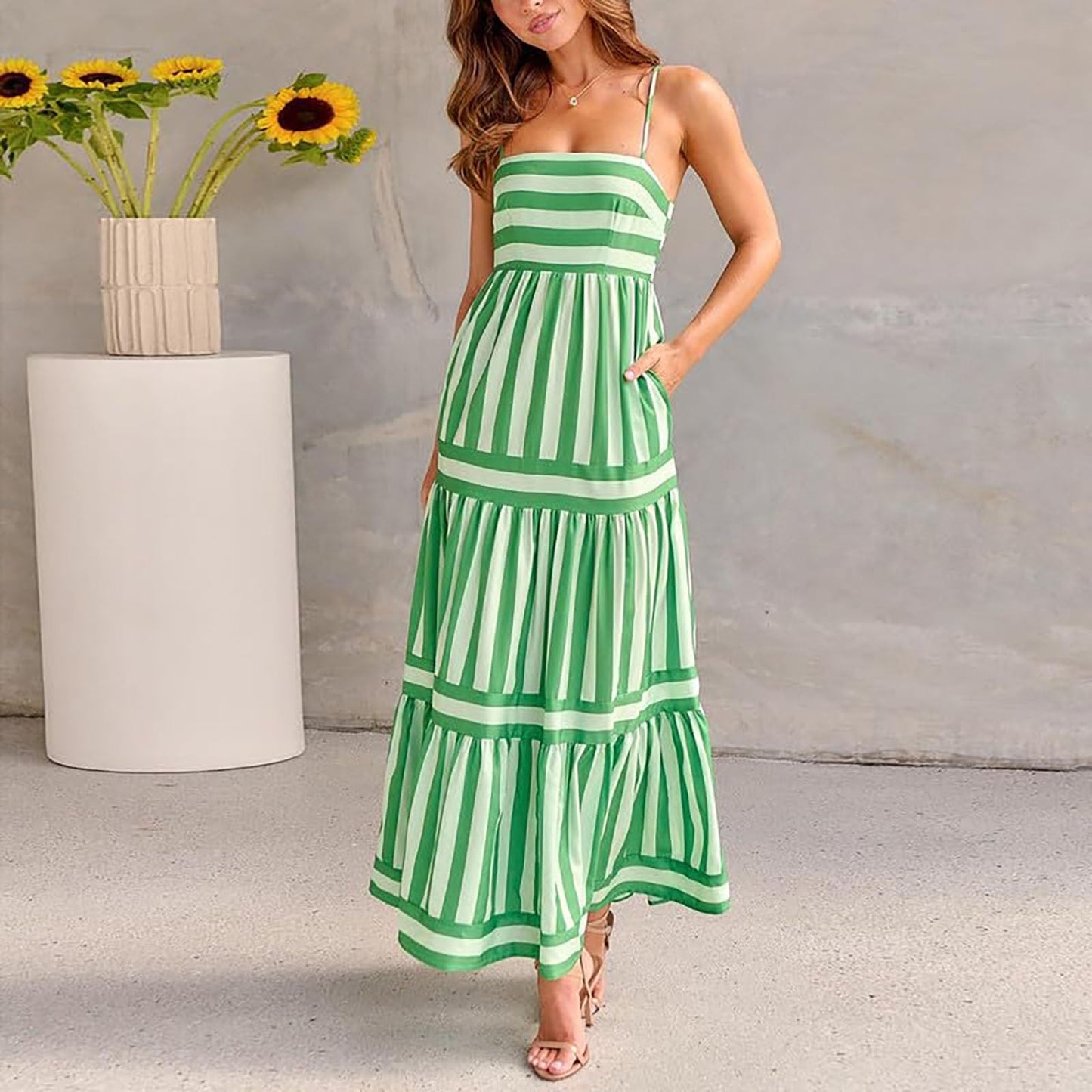 Generic Women Cute Print Maxi Cami Dress Loose Sleeveless Spaghetti Strap Boho Dress Flowy Graffiti Long Aline Sun Dress(A-Green,Large)