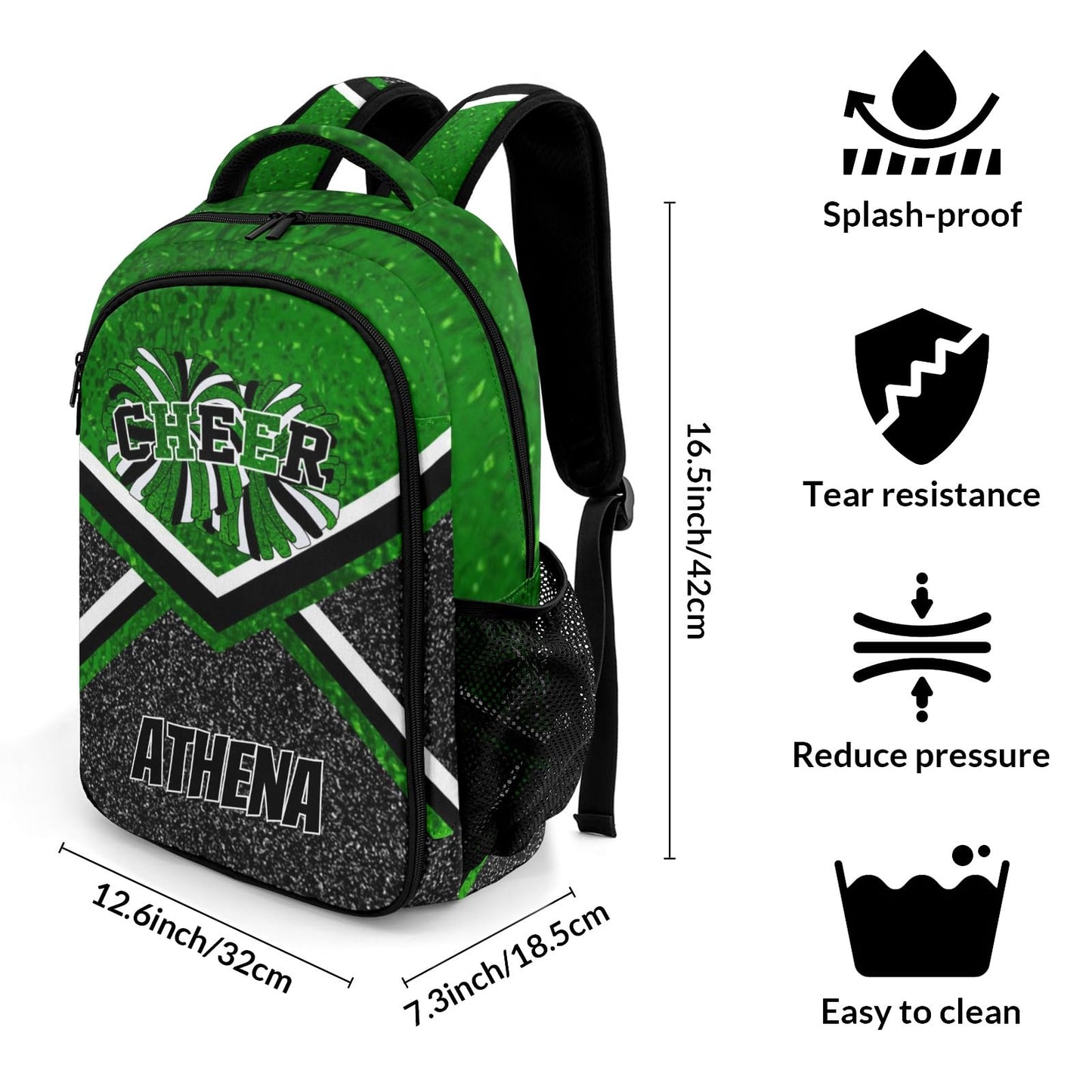 XIUCOO Cheer Cheerleading Green Waterproof Backpack Shoulder Bag Shcoolbag Book Bag for Boys Girls