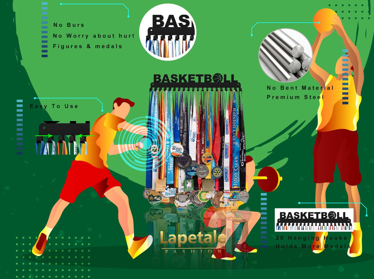 Lapetale Fashion Basketball Medal Hanger Display Medal Holder Hanger Display Rack,Easy Install Easy to Use,Basketball Medal Display Rack with Updated New,Medal Display Hanger Wall Hanger for Medals