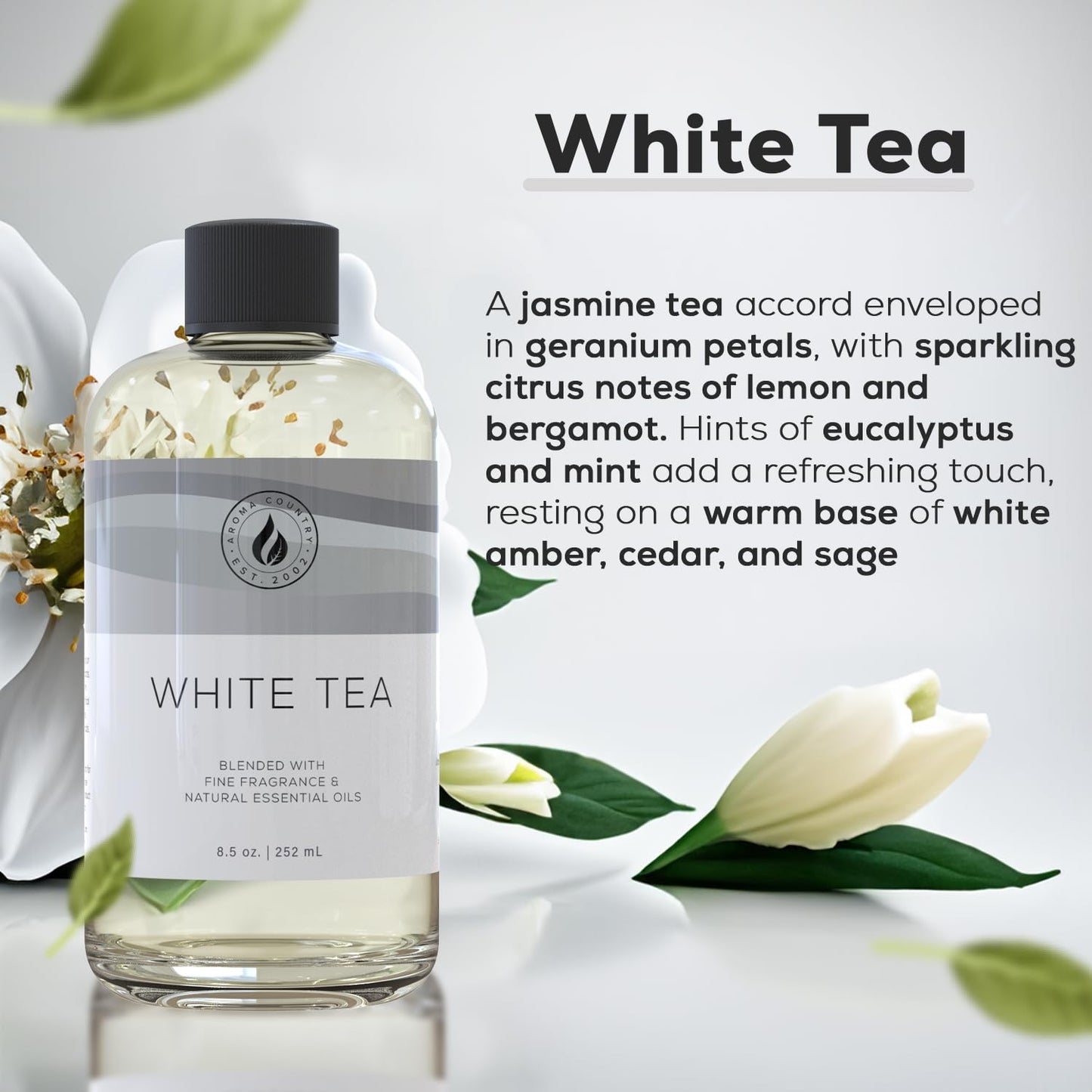 Aroma Country White Tea Diffuser Oil - Luxury Essential Oils for Diffuser Refill & Air Freshener Room Spray, Long-Lasting, Natural Home Fragrance and Hotel Scent for Diffusers & Machines (8.5 Fl Oz)