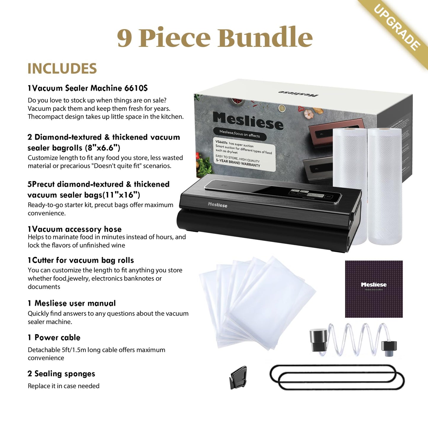 Mesliese Vacuum Sealer Machine Powerful 90Kpa Precision 6-in-1 Compact Food Preservation System with Cutter, 2 Bag Rolls & 5 Pre-cut Bags, Dry&Moist Modes, ETL Listed (Gray)