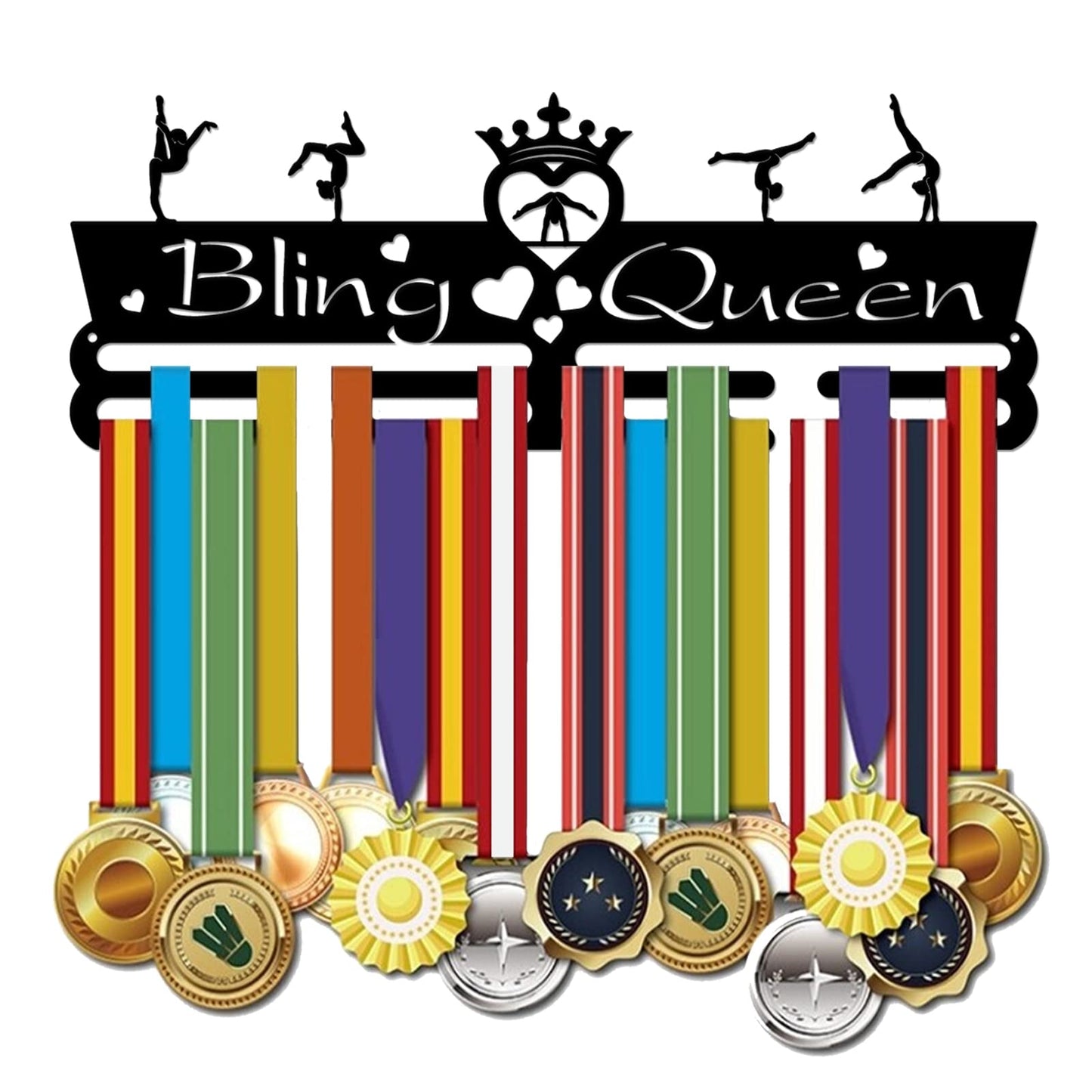 SUPERDANT Medal Holder Gymnastics Medals Display Motivating Word Bling Queen Black Iron Wall Mounted Hooks for Competition Medal Holder Display Wall Hanging