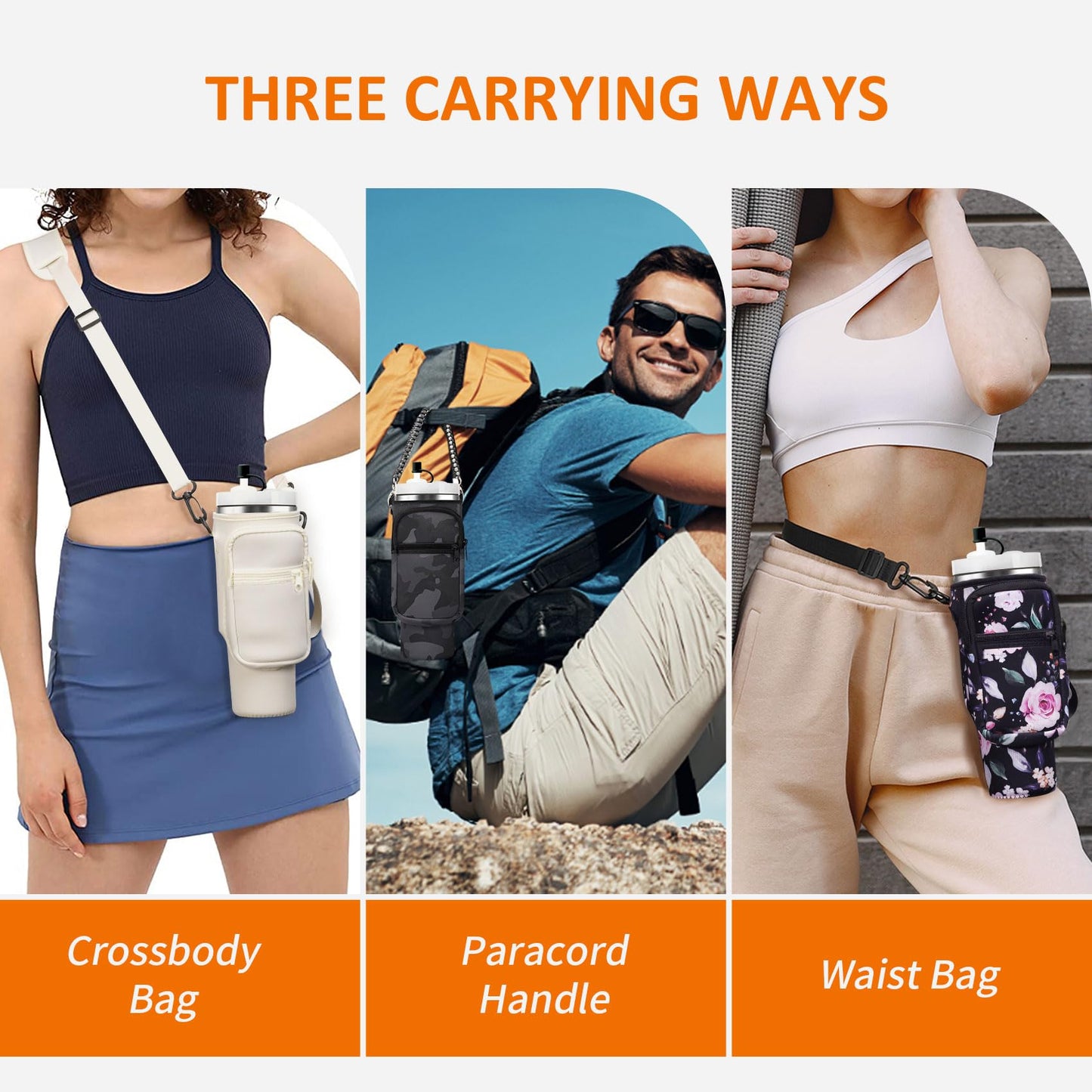 AceTreker 40/30 oz Stanley Cup Carrier Bag with Paracord Handle, Neoprene Stainless Steel Tumbler Sleeve Pouch with 2 Pockets & Adjustable Strap & Straw Cover for Walking Hiking Gym-Black