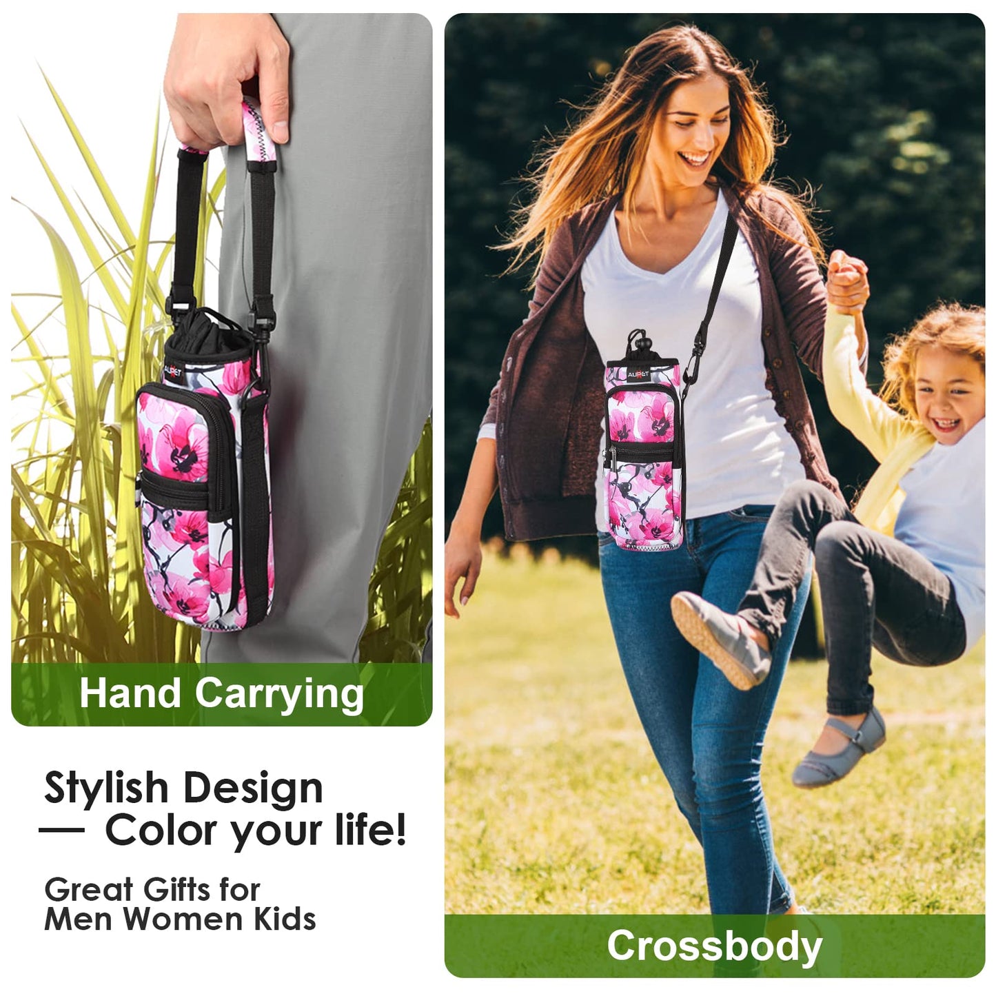 AUPET Water Bottle Sling Bag Sleeve Holder Carrier 25/32/40/64 oz,Insulated Crossbody Water Bottle Case Cover with Strap and Pockets for Men/Women Walking Hiking Camping (25oz, pink flower)