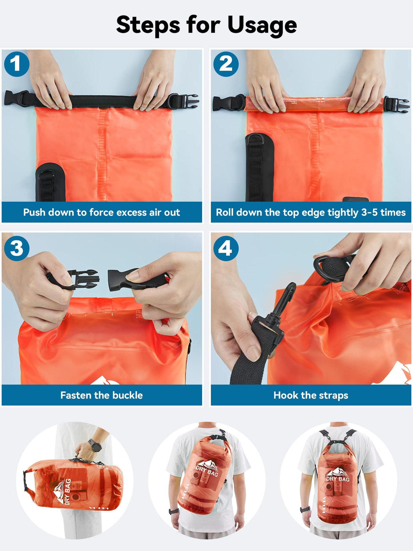 HEETA Waterproof Dry Bag for Women Men, Roll Top Lightweight Dry Storage Bag Backpack with Phone Case for Travel, Swimming, Boating, Kayaking, Camping and Beach, Transparent Orange 5L