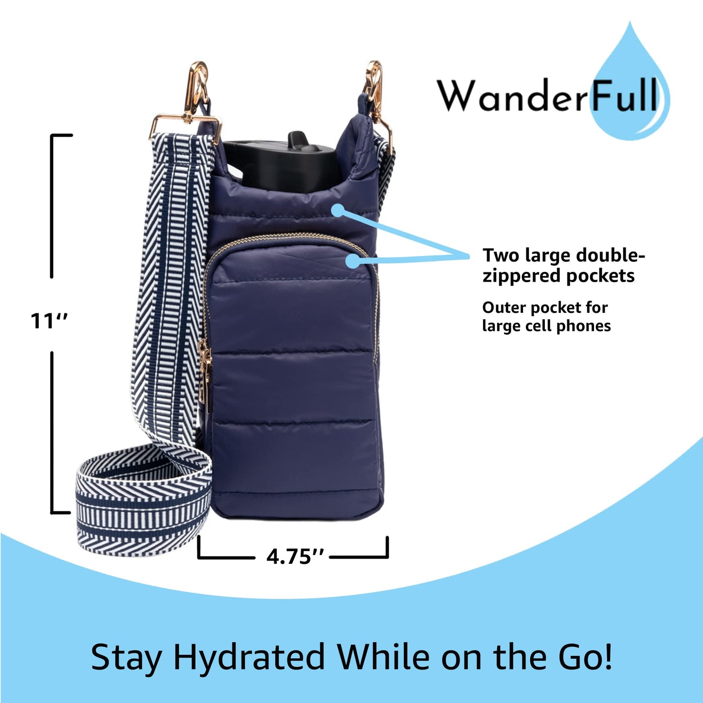 WanderFull Original Crossbody HydroBag | Quilted Water Bottle Carrier | Puffer Tote Tumbler Holder with Pockets for Purse, Phone & Accessories | Carry Travel Essentials (Matte Navy/Patterned Strap)