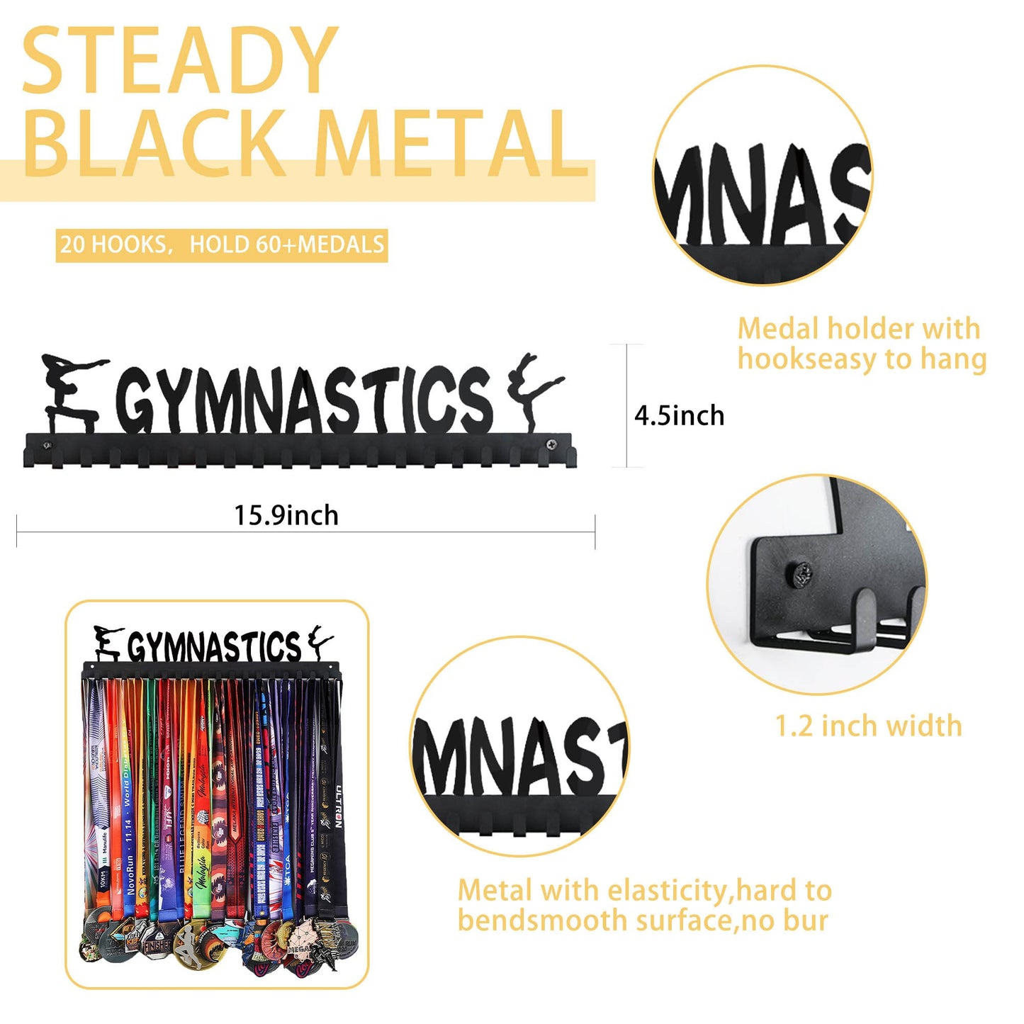 Goutoports Medal Wall Hanger Display - Gymnastics Girls - Award Plaques Rack for Sports - Black Steel Metal Holder With 20 Hooks Hold Up 60 Medals Easy to Install