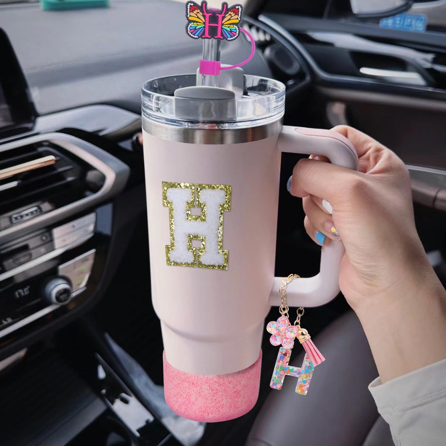 LA KEN DU Use for Stanley Cup Accessories Charms 40oz 30oz,Compatible with Stanley Cup Letter Charms for Handle Silicone Boot,Straw Cover Topper & Sticker(H)