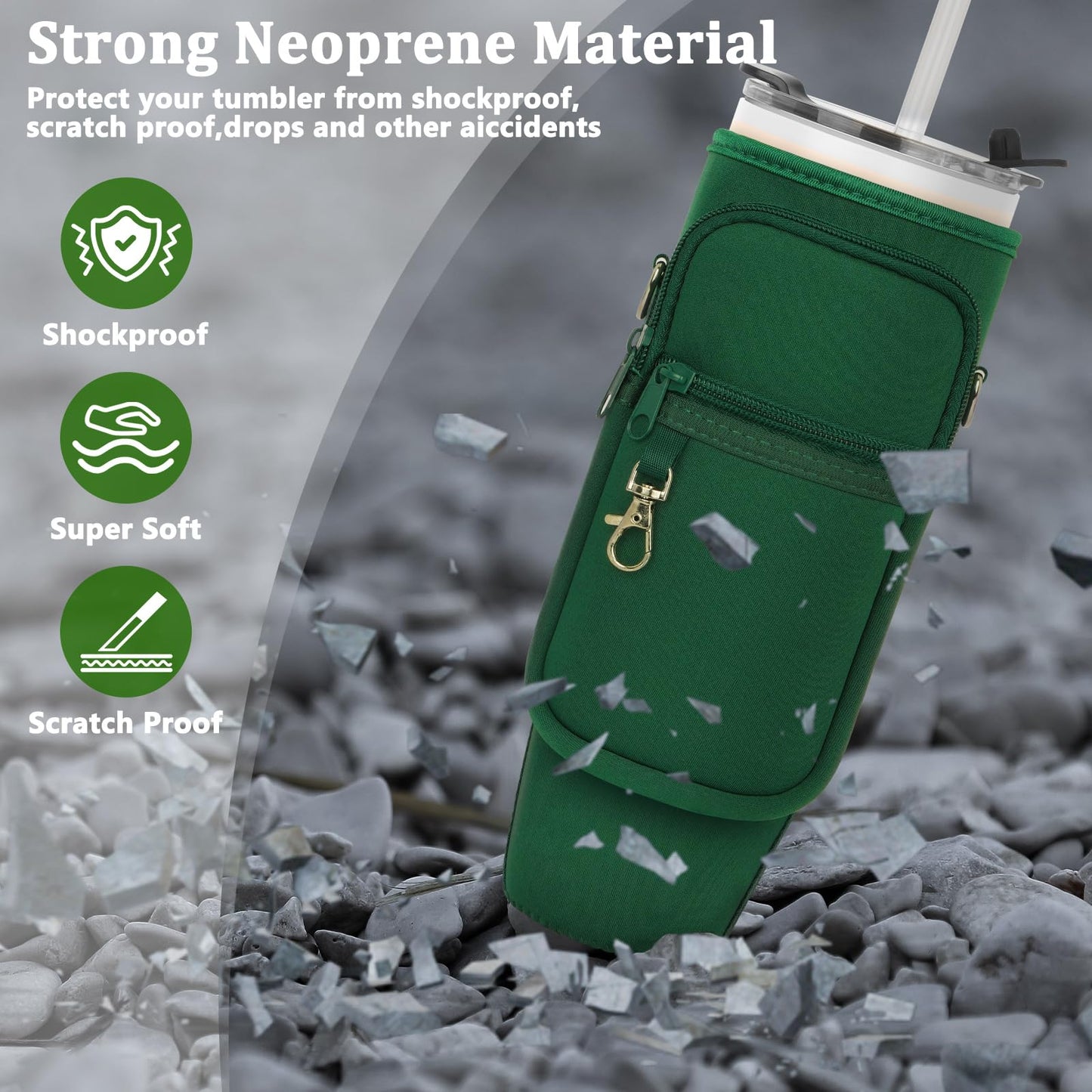 Water Bottle Carrier Bag with Phone Pocket Compatible with Stanley/Meoky 40 oz Tumbler with Handle,Neoprene Water Bottle Holder Pouch with Adjustable Strap Compatible with Stanley Cup Accessories