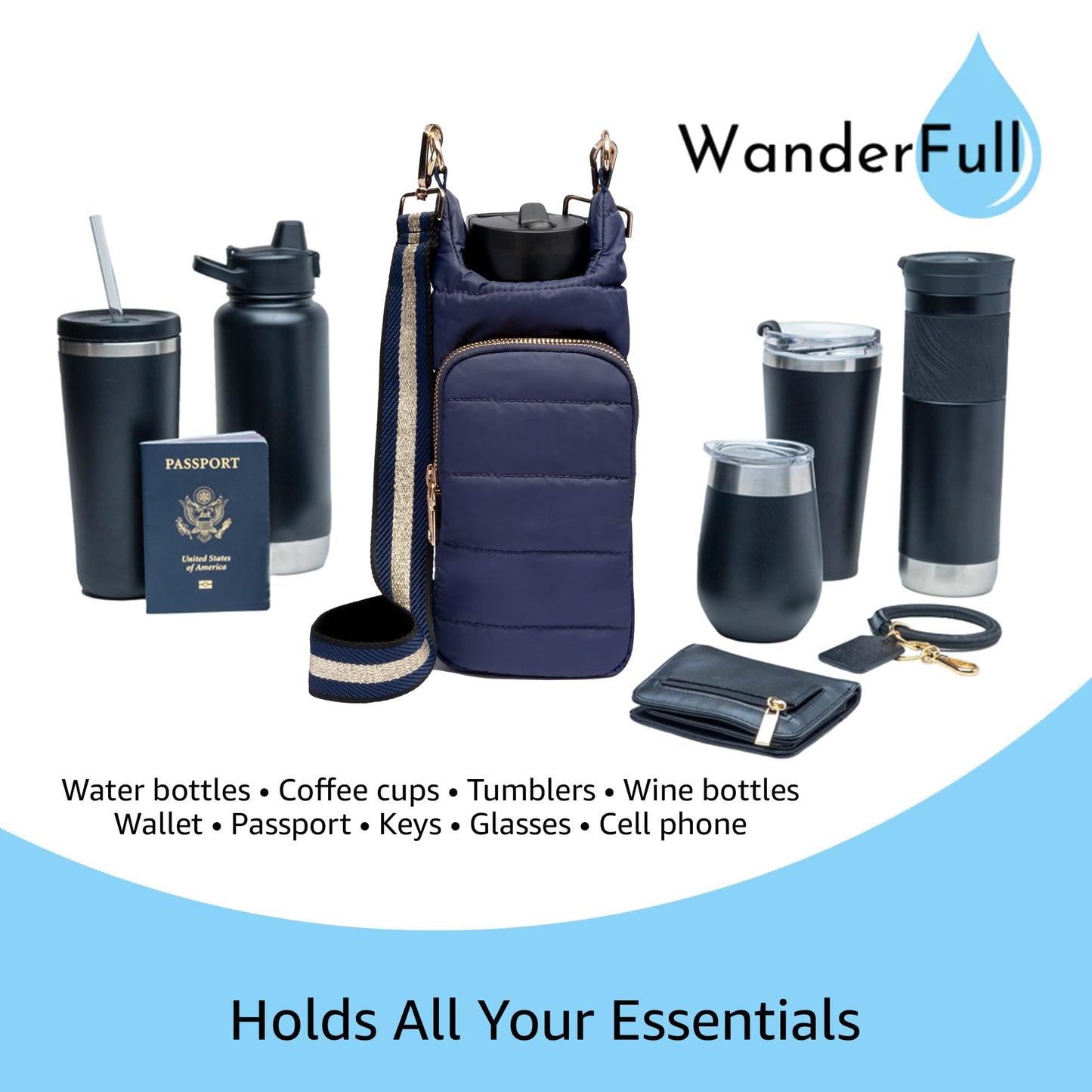 WanderFull Original Crossbody HydroBag | Quilted Water Bottle Carrier | Puffer Tote Tumbler Holder with Pockets for Phone & Accessories | Carry Travel Essentials (Navy Matte/Navy Gold Striped Strap)