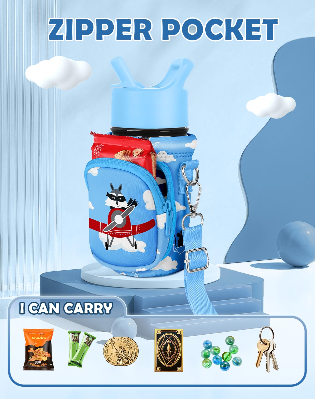 Water Bottle Carrier with Strap Cartoon Water Bottle Bags Holder for Kids Boys Girls Neoprene Insulated Bottle Bag for 10/12/14/16/18Oz Stainless Steel Glass Bottles Sleeve, Airplane Raccoon