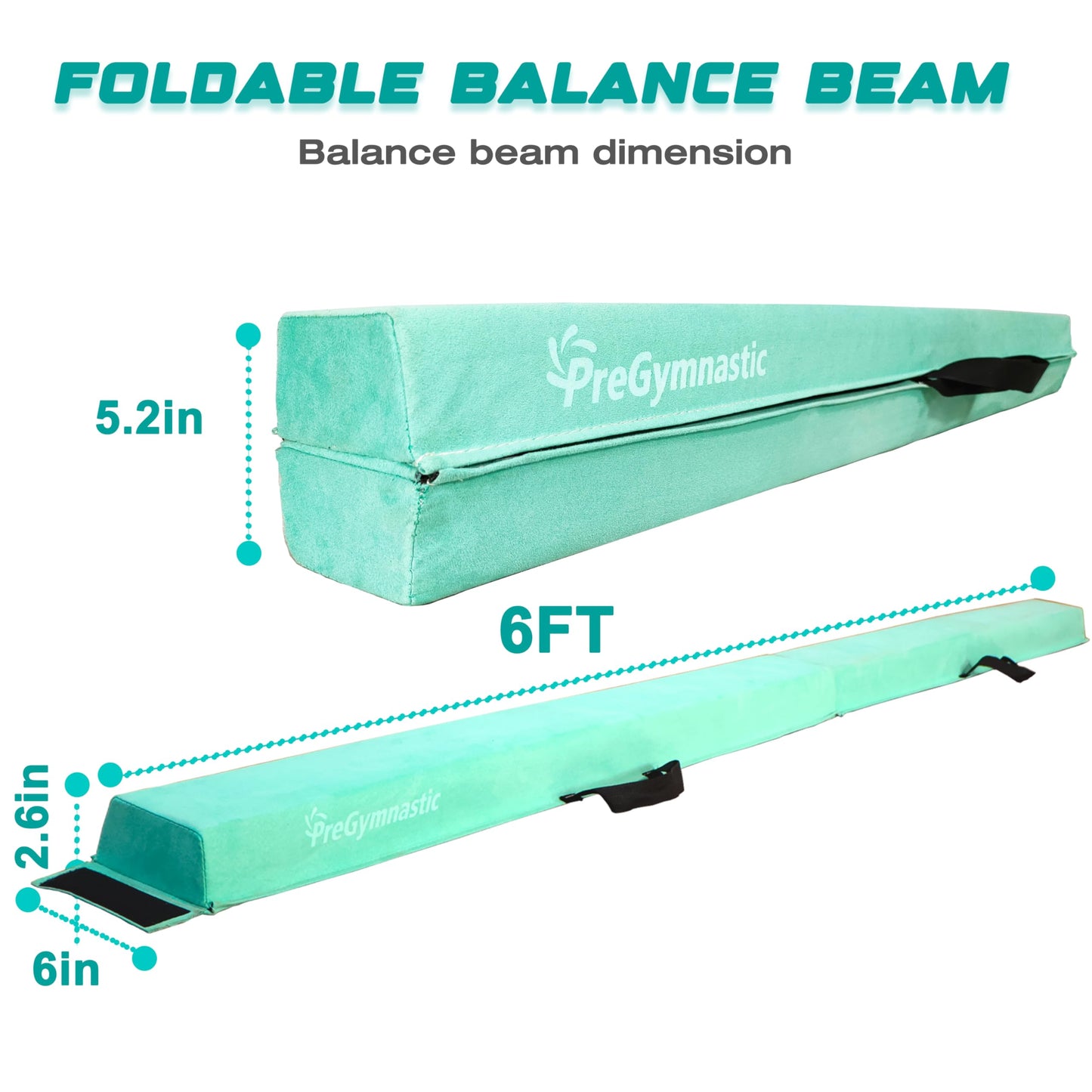 PreGymnastic 6FT/8FT/9.5FT Folding Balance Beam for Kids 3-12,Foldable Gymnastics Floor Beam-Extra Firm Suede Cover with Carry Bag for Home-Gym Equipment for Toddler Teenage (Mint Green, 6FT)