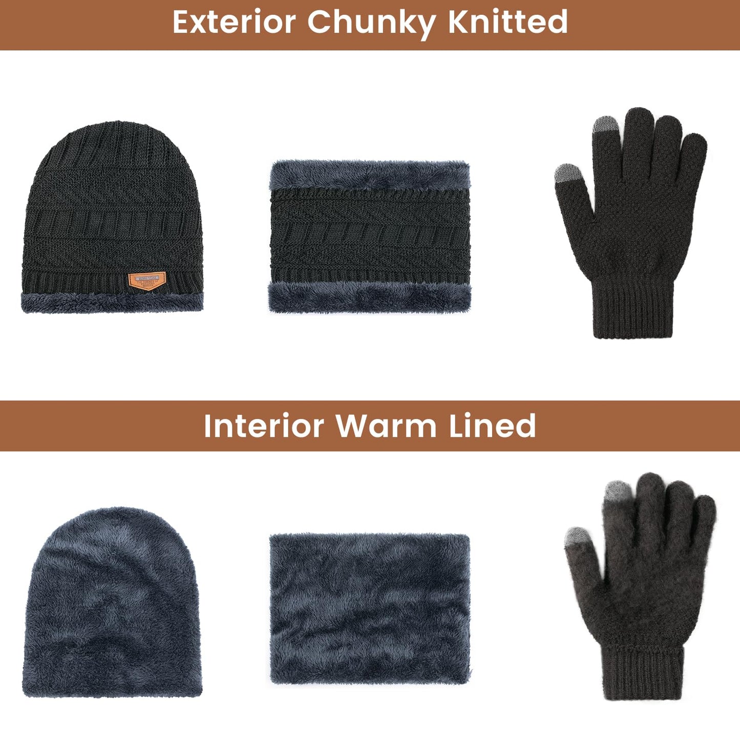 Winter Hat Beanie Circle Scarves Touchscreen Gloves Set, Warm Clothes Set with Knit Fleece Lined Skull Cap Gloves Neck Warmer for Men Women, Dark Grey