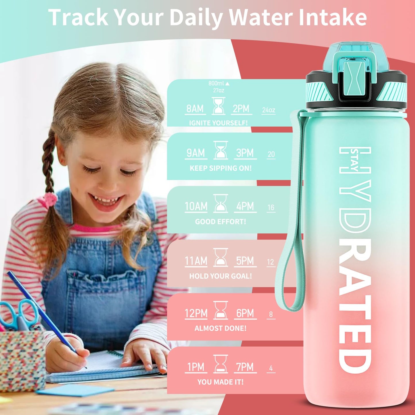 QLUR Water Bottle with Straw, 27 oz Motivational Water Bottles with Time Marker to Drink, Tritan BPA Free, 800ml Sports Water Bottle with Carry Strap LeakProof for School Fitness Outdoor (1Pack)