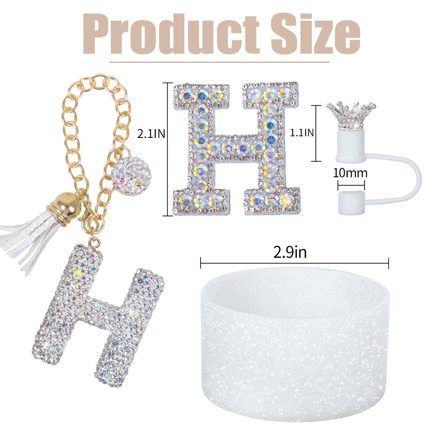 Letter Charms for Stanley Cup Handle,Silicone Boot Accessories Charms for Stanley Cup 40oz 30oz,Crown Straw Cover Topper & Diamond Sticker(H)