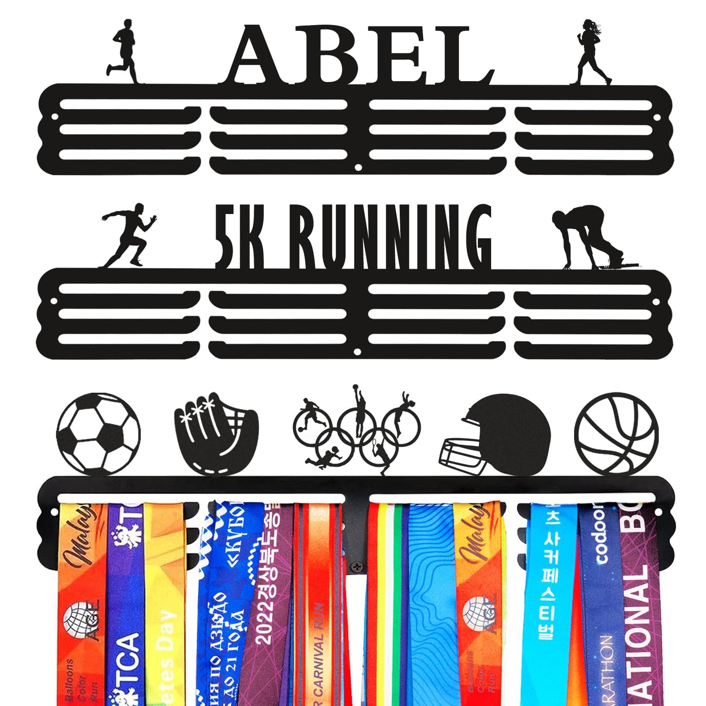 Goutoports Personalized Running Medal Hanger with Name Medals Holder Display Rack for Awards Ribbons - Custom Metal Holder - Holds Up to 60 Medals - Perfect Birthday for Athlete Boys and Girls