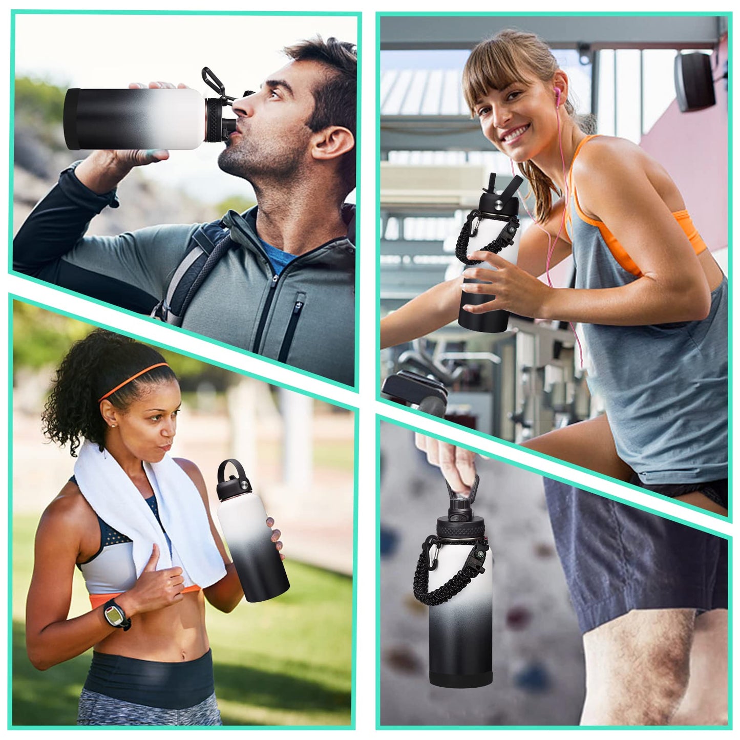 32OZ Water Bottle with Straw & Strap, BPA Free Insulated Water Bottle Keeps Cold 48H Hot 24H, Double-Wall Sport Water Bottle with Sleeve Carrier, Stainless Steel Bottle for Kids Men Woman Xmas Gift