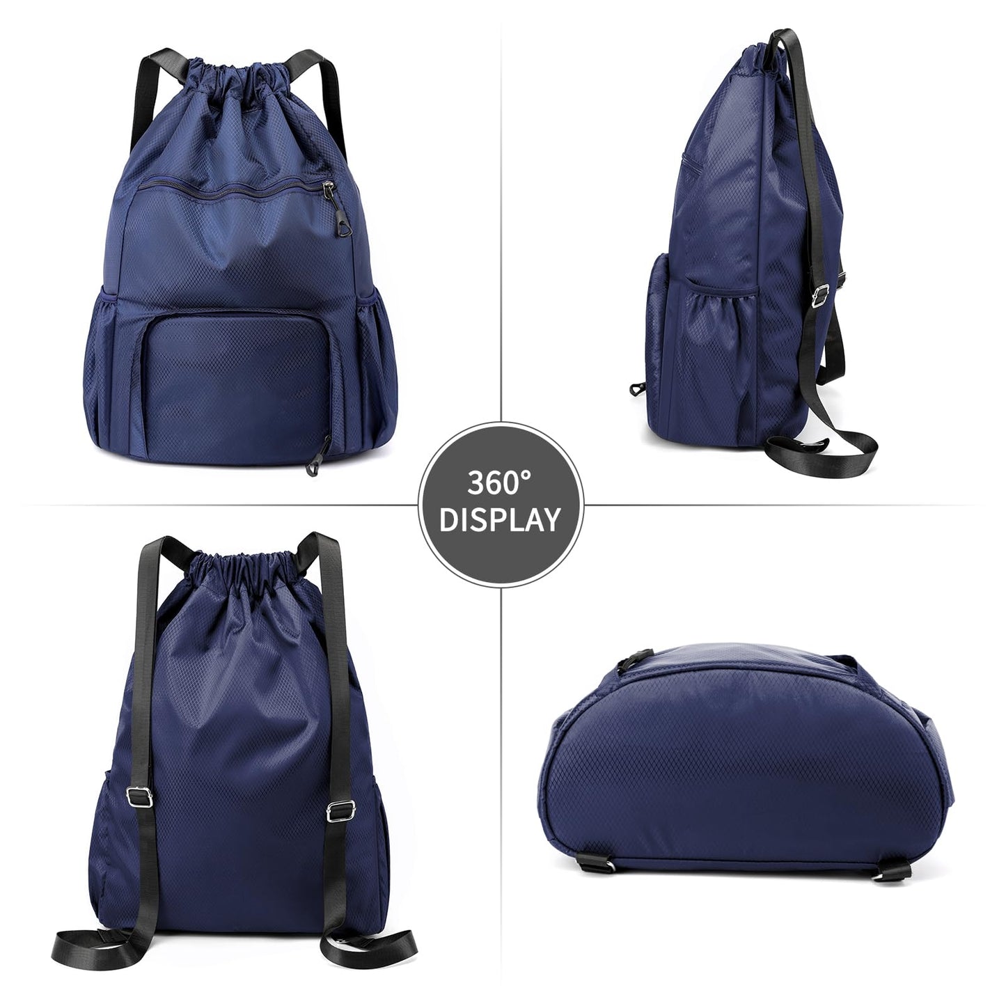 ChuLian Drawstring Backpack with Wet Pocket & Shoe Compartment, Water-Resistant Sports Gym Beach Swim String Bag for Women Men Navy Blue