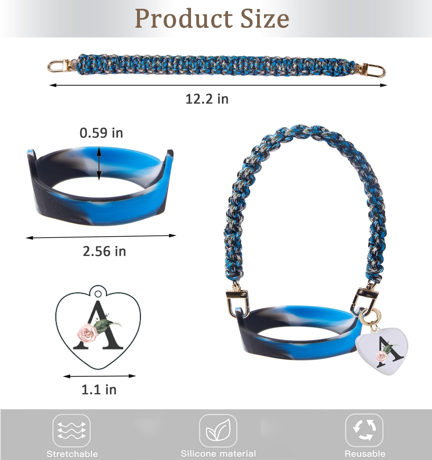 Water Bottle Handle - Personalized Name Initial A-Z Water Bottle Sling, Holder, Lanyard, Carrier,Holder with Strap - Fits Most 8-40oz Water Bottles - Compatible Stanley Cup Accessories (V, Blue&Black)