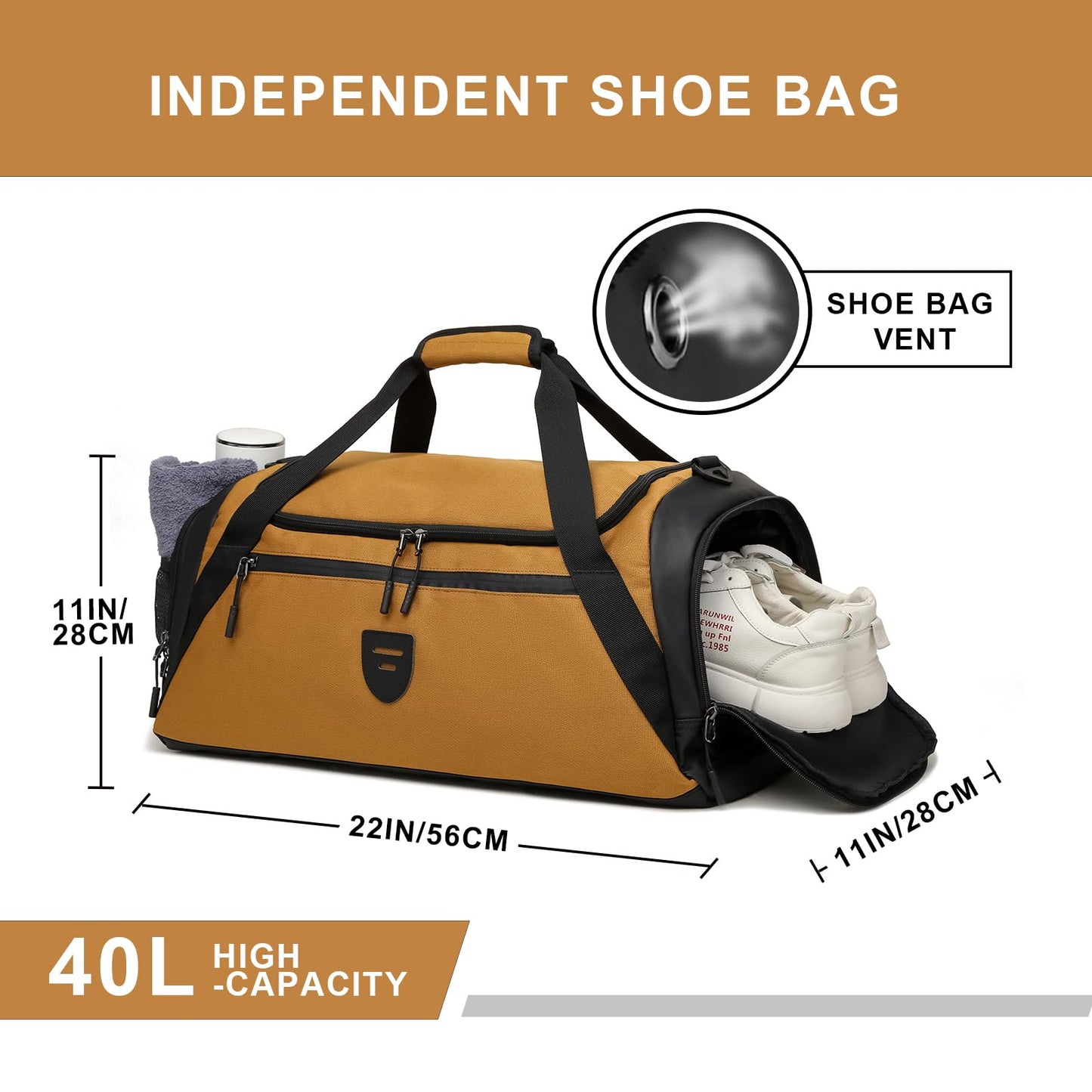 Gym duffle Bag For Men 40L Sports Duffel Bags Large Gym Bag For Women With Shoe Compartment & Wet Pocket Water Resistant Travel Duffel Bag Lightweight Weekender Overnight Bag,Khaki