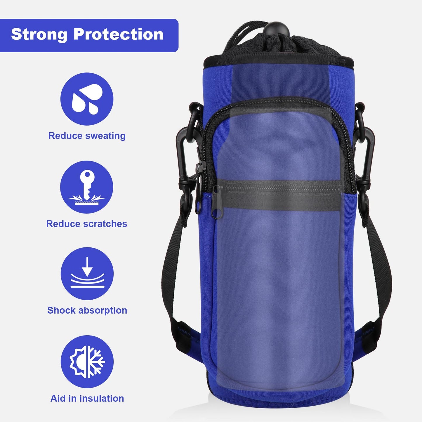 Bstge Water Bottle Holder with Strap, Water Bottle Carrier Bag with Phone Pocket, Shoulder Hand Strap Insulated Neoprene 32 oz Water Bottle Sleeve for Walking Hiking Camping Gym(Blue)