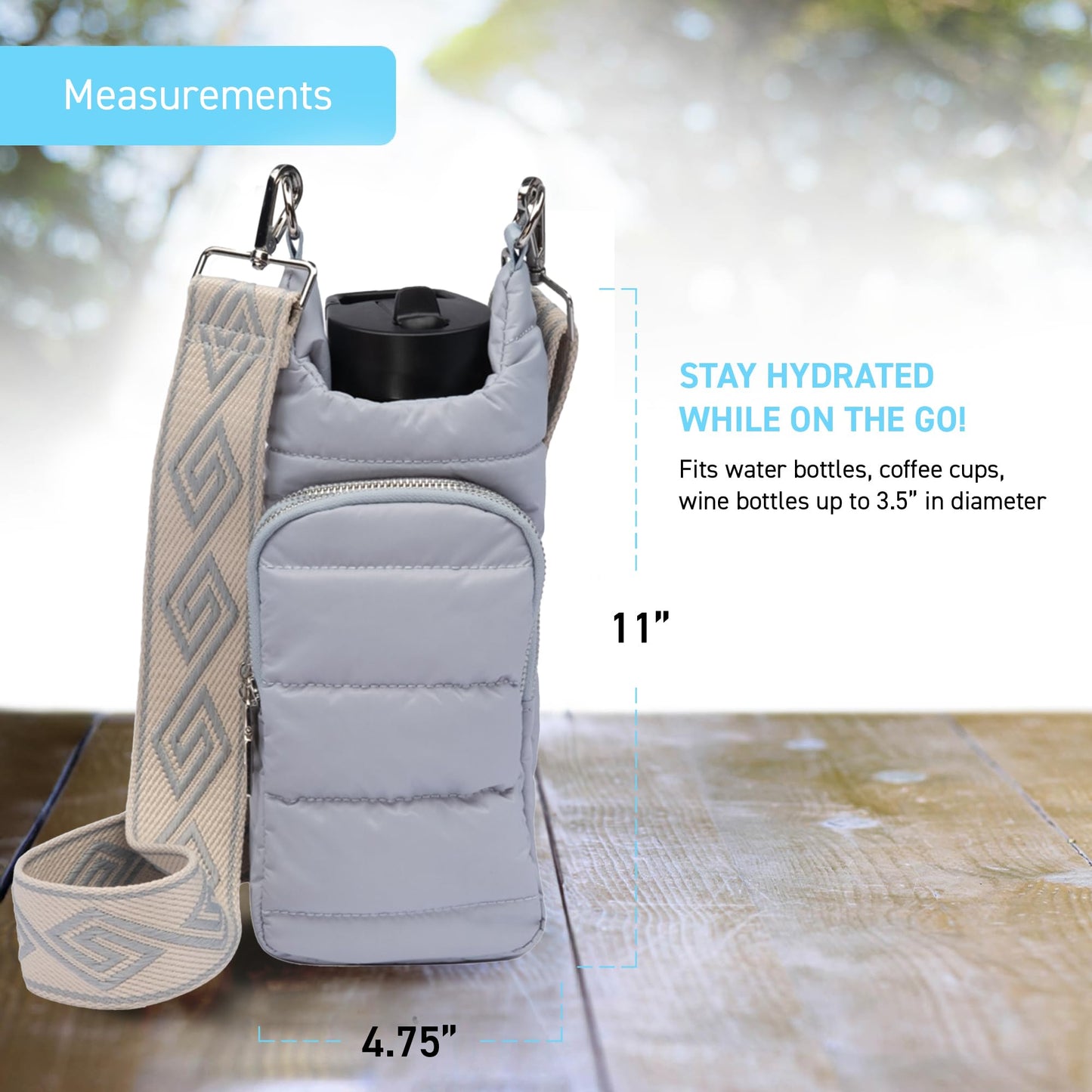 WanderFull Original Crossbody HydroBag | Quilted Water Bottle Carrier | Puffer Tote Tumbler Holder with Pockets for Purse, Phone & Accessories | Carry Travel Essentials (Grey/Patterned Strap)