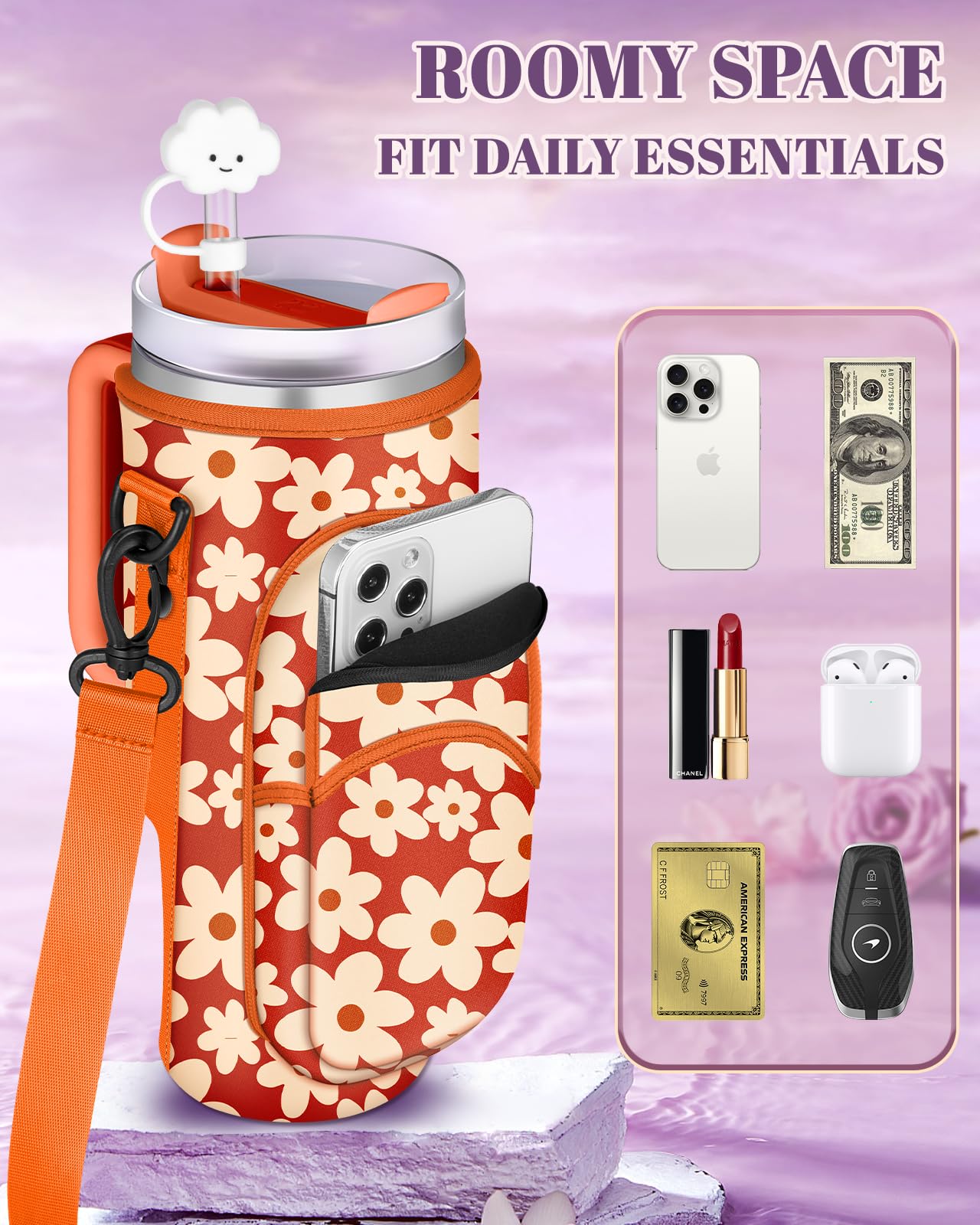 Toykee Water Bottle Holder Carrier Bag for Stanley 40 OZ Tumbler with Strap Phone Pocket, Orange Wrap Around Drink Cup Purse Pouch with Straw Cover Cleaner Brush Accessories Flower Print
