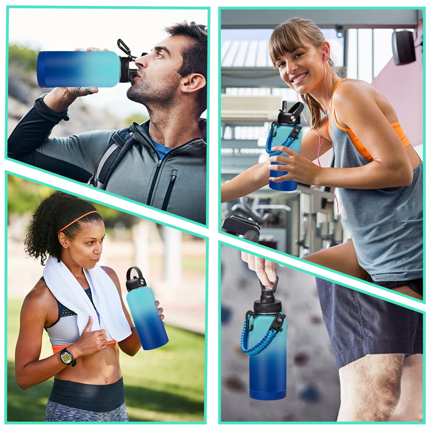 Stainless Steel Flask Water Bottle - 32oz/40oz/64oz Insulated Water Bottle with Straw & Spout Lids, Paracord Handle, Strap Sleeve, Protective Cup Mat, Wide Mouth Hydro Thermo Bottle Sports Office