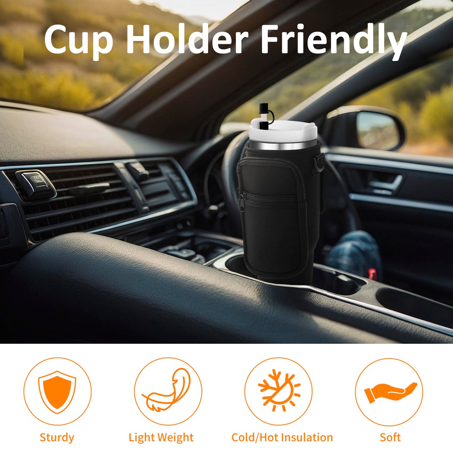 AceTreker 40/30 oz Stanley Cup Carrier Bag with Paracord Handle, Neoprene Stainless Steel Tumbler Sleeve Pouch with 2 Pockets & Adjustable Strap & Straw Cover for Walking Hiking Gym-Black