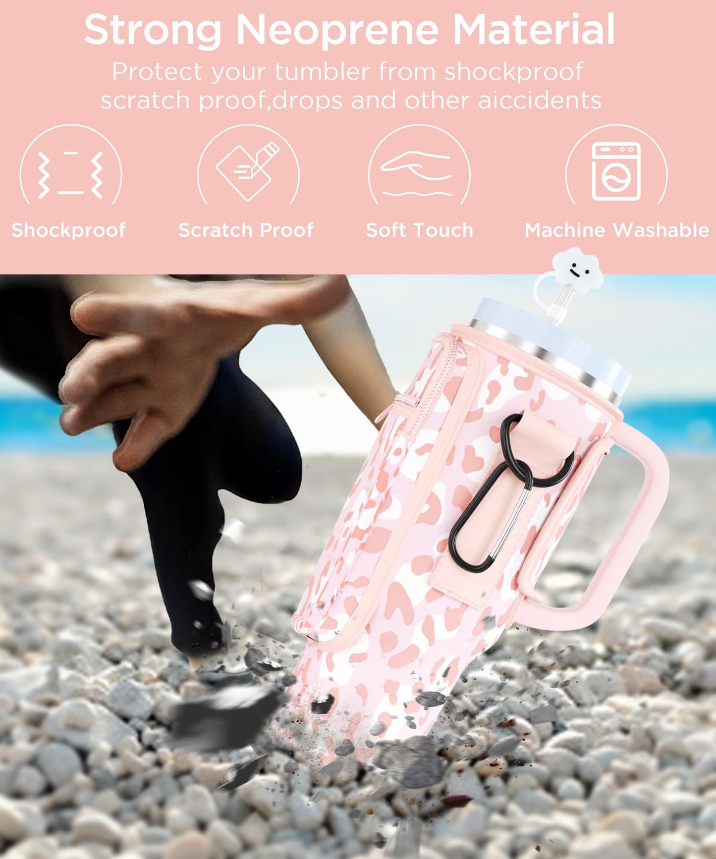 dabria Water Bottle Bag with Phone Pocket for Stanley 40 OZ Tumbler with Handle Neoprene Water Bottle Holder Pouch with Adjustable Strap Bollus with Straw Cover & Carabiner for Stanley Cup Accessories