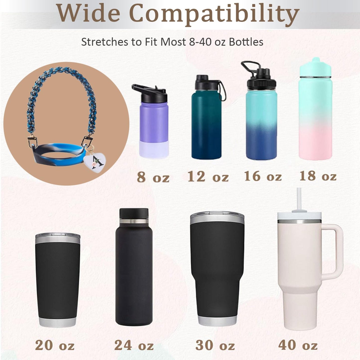 Water Bottle Handle - Personalized Name Initial A-Z Water Bottle Sling, Holder, Lanyard, Carrier,Holder with Strap - Fits Most 8-40oz Water Bottles - Compatible Stanley Cup Accessories (V, Blue&Black)