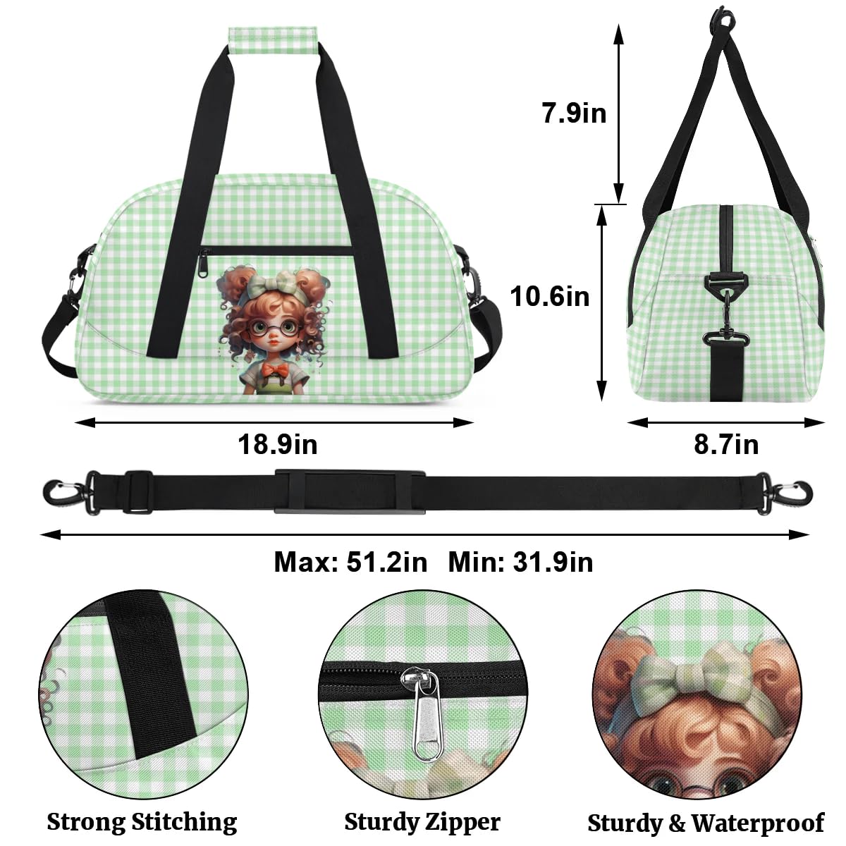 Gym Bag for Kids Girls, Cute Curly Hair Girls Small Duffel Bag with Padded Handles Carry On Weekend Travel Bag for School Practice Ball Games