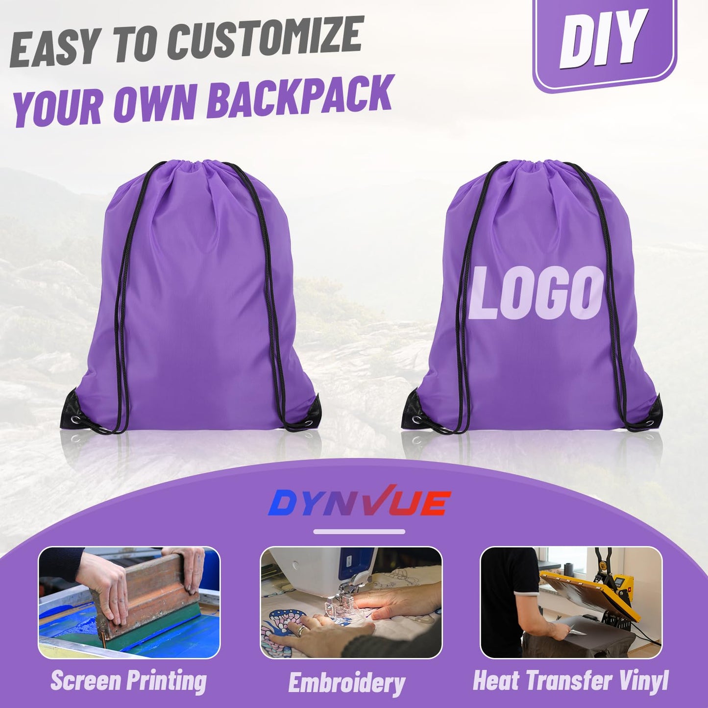 Dynvue 12pcs Drawstring Backpack Sport Gym Bag, 13.39"x16.93" Cinch Bags Drawstring Sport Backpack, Water Resistant String Bag for Gym, Reinforced Draw String Bag Pack Bulk for DIY Beach Sport, Purple