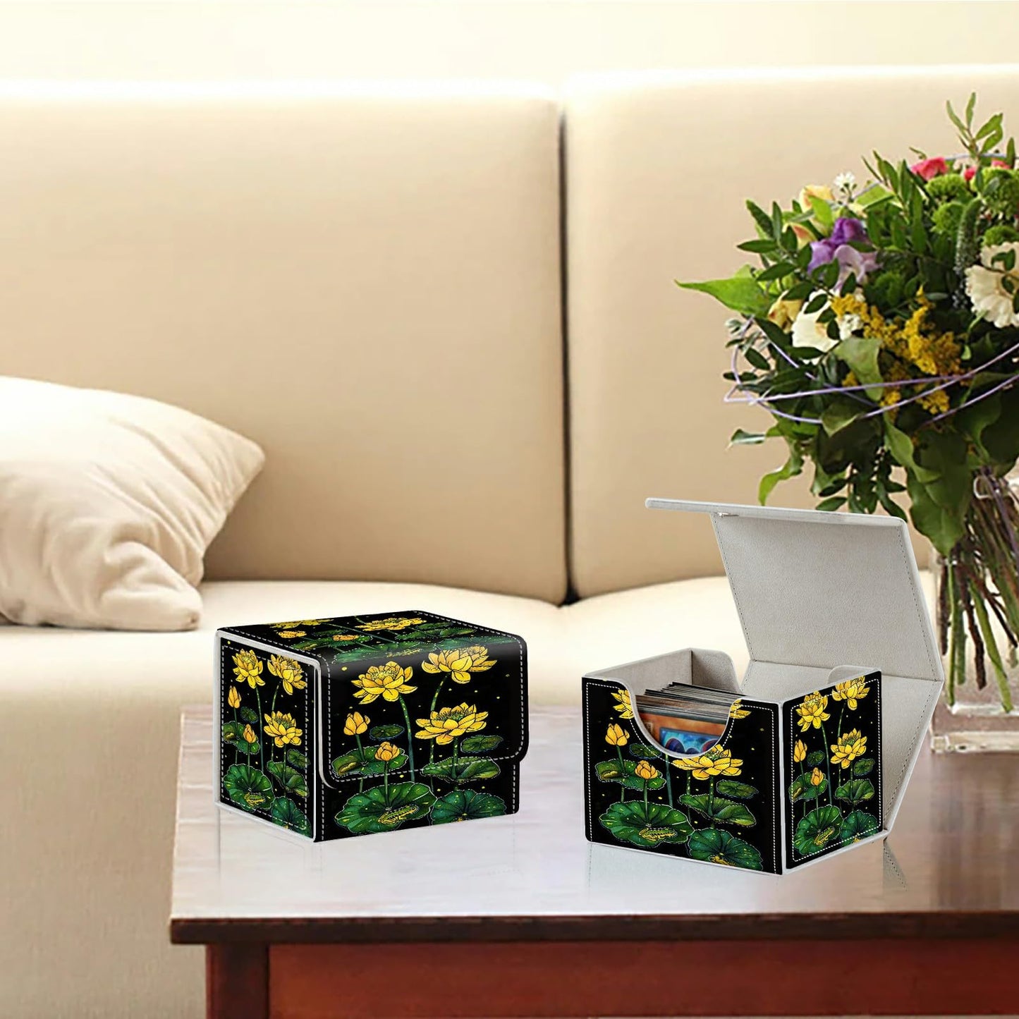RWUTYTIUL Card Deck Box for MTG Cards, Card Storage Box Fits 100+ Sleeved Cards, PU Leather Large Size Strong Magnet Card Deck Case Holder for Board Game Magic MTG TCG CCG, Yellow Lotus
