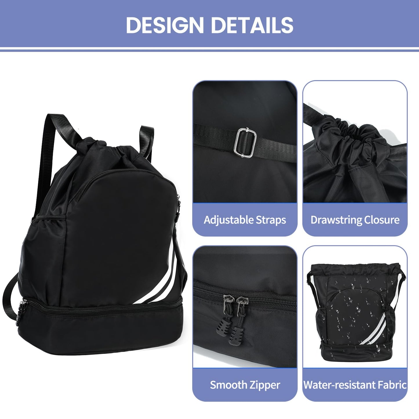 WUHFFA Drawstring Backpack Sports Gym Bag with Shoe Compartment Water Resistant Cinch String Bag for Women Men Soccer Travel (Black)