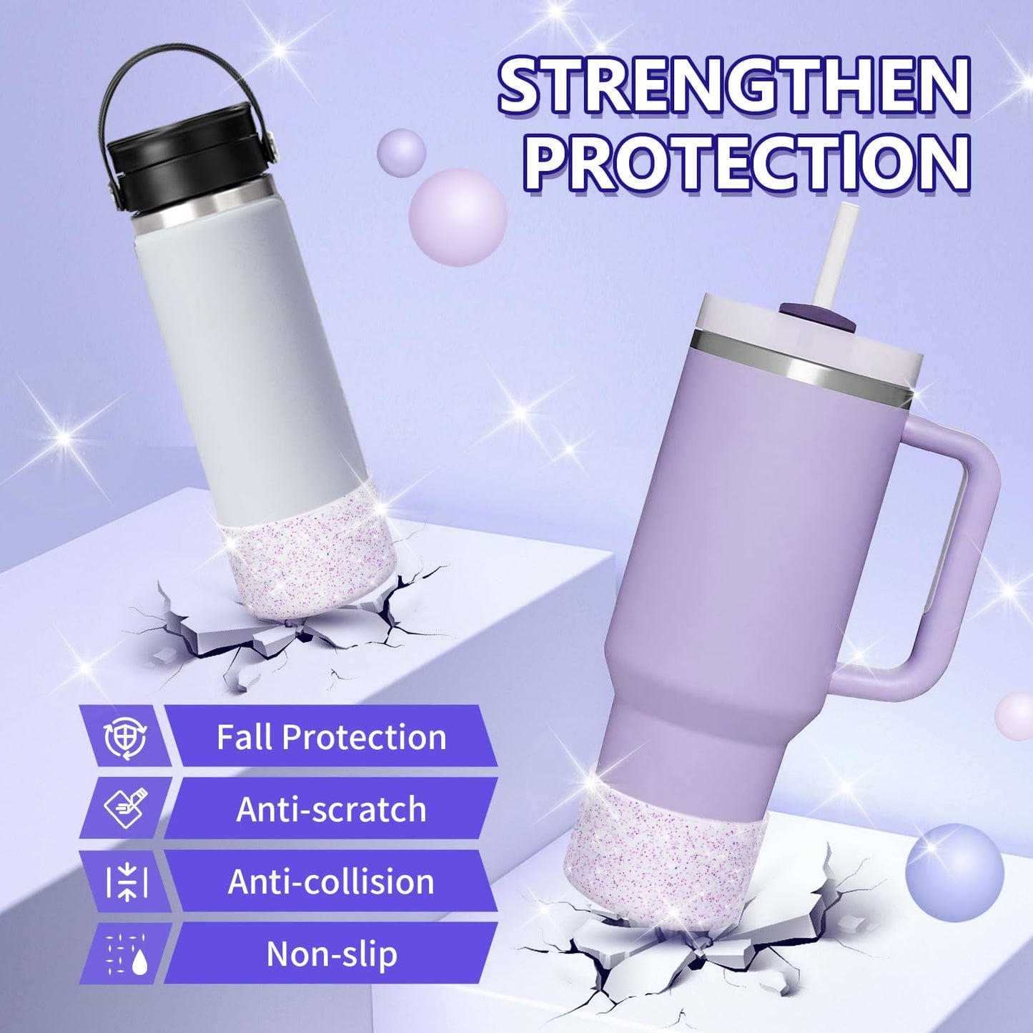 WUQID 2 Pack Bling Silicone Boot Compatible with Stanley Quencher Adventure 40oz & Stanley IceFlow 20oz 30oz, Reduces Dents Protective Silicone Water Bottle Bottom Cover Sleeve