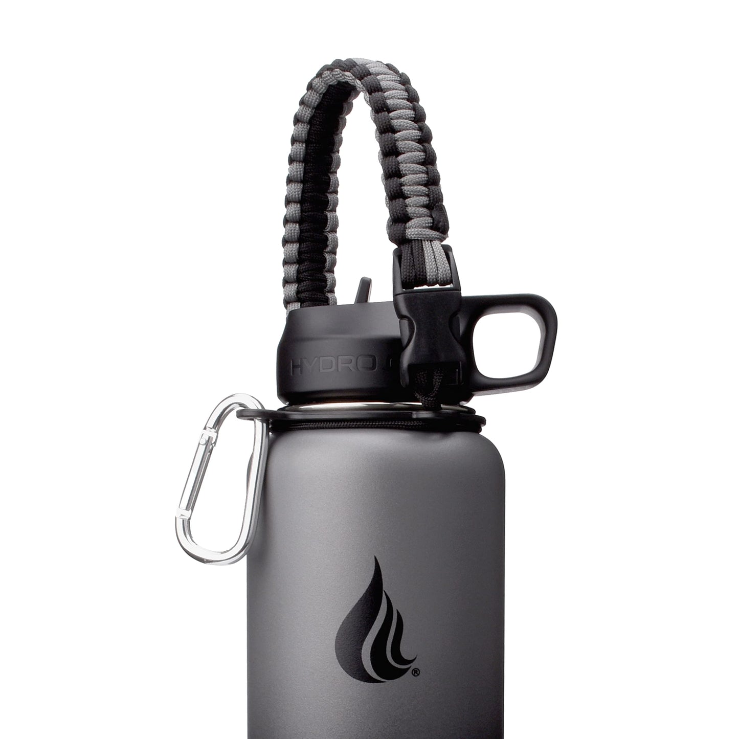 HYDRO CELL Paracord Handle for Wide Mouth Water Bottles - Carrier Strap w/Attachment Ring and Carabiner Accessory. Compatible w/ 64oz, 40oz 32oz, 24oz, 18oz, 14oz Insulated Bottles (Graphite/Black)