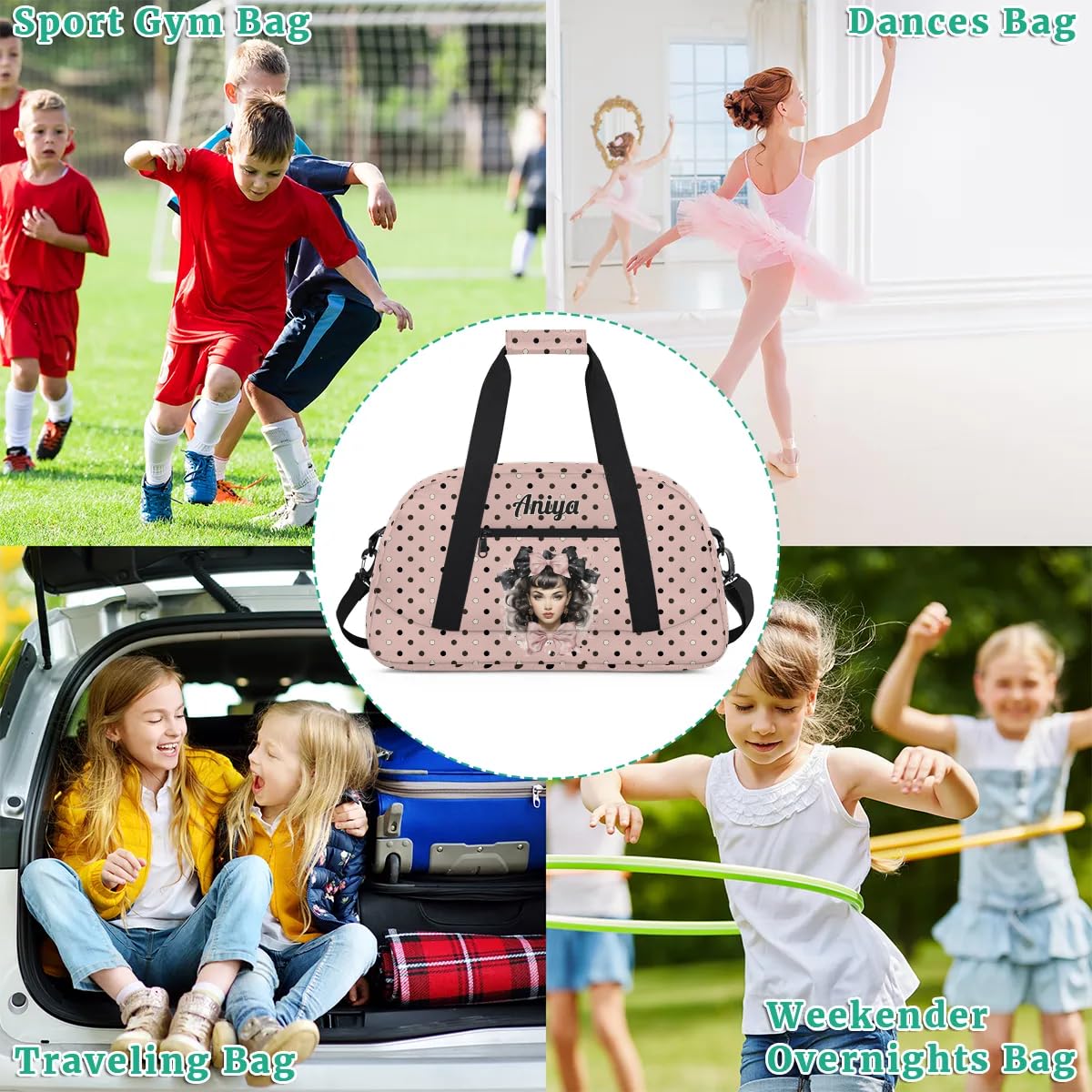 Personalized Gym Bag for Kids Girls, Bow Knot Girl Custom Small Duffel Bag with Padded Handles Carry On Weekend Travel Bag for School Practice Ball Games