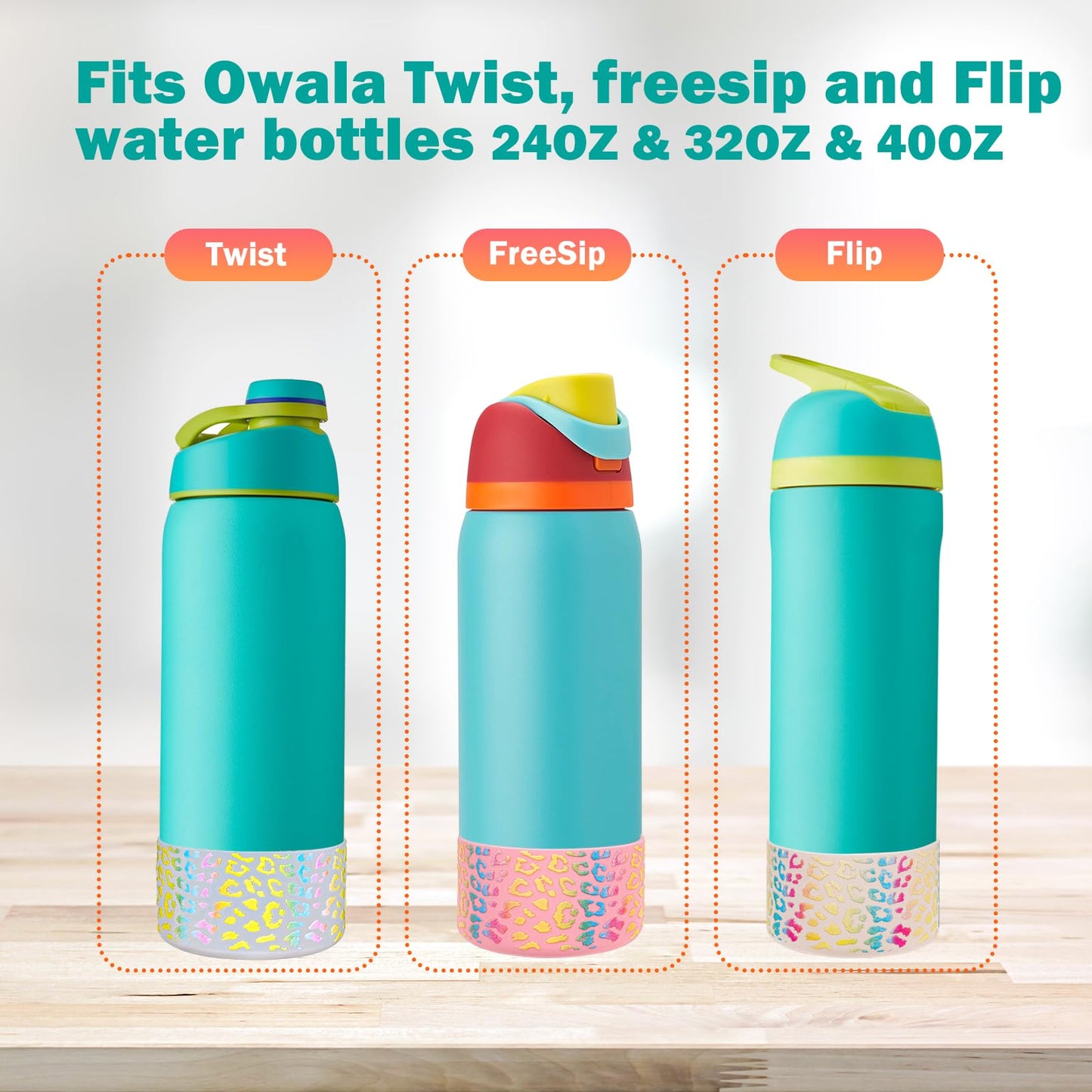 WK IEASON 2Pcs Silicone Water Bottle Boot for Owala 32oz, Protective Flask Bottom Cover Base for Owala FreeSip Twist and Flip Flask Bottles (Leo cream/pink, 32OZ)