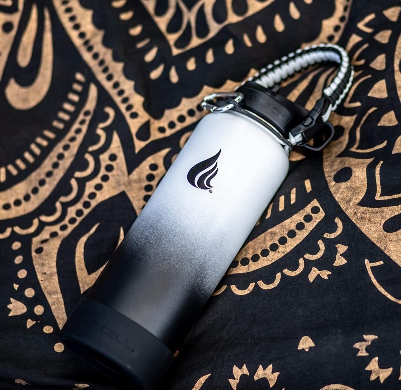 HYDRO CELL Paracord Handle for Wide Mouth Water Bottles - Carrier Strap w/Attachment Ring and Carabiner Accessory. Compatible w/ 64oz, 40oz 32oz, 24oz, 18oz, 14oz Insulated Bottles (Black/White)
