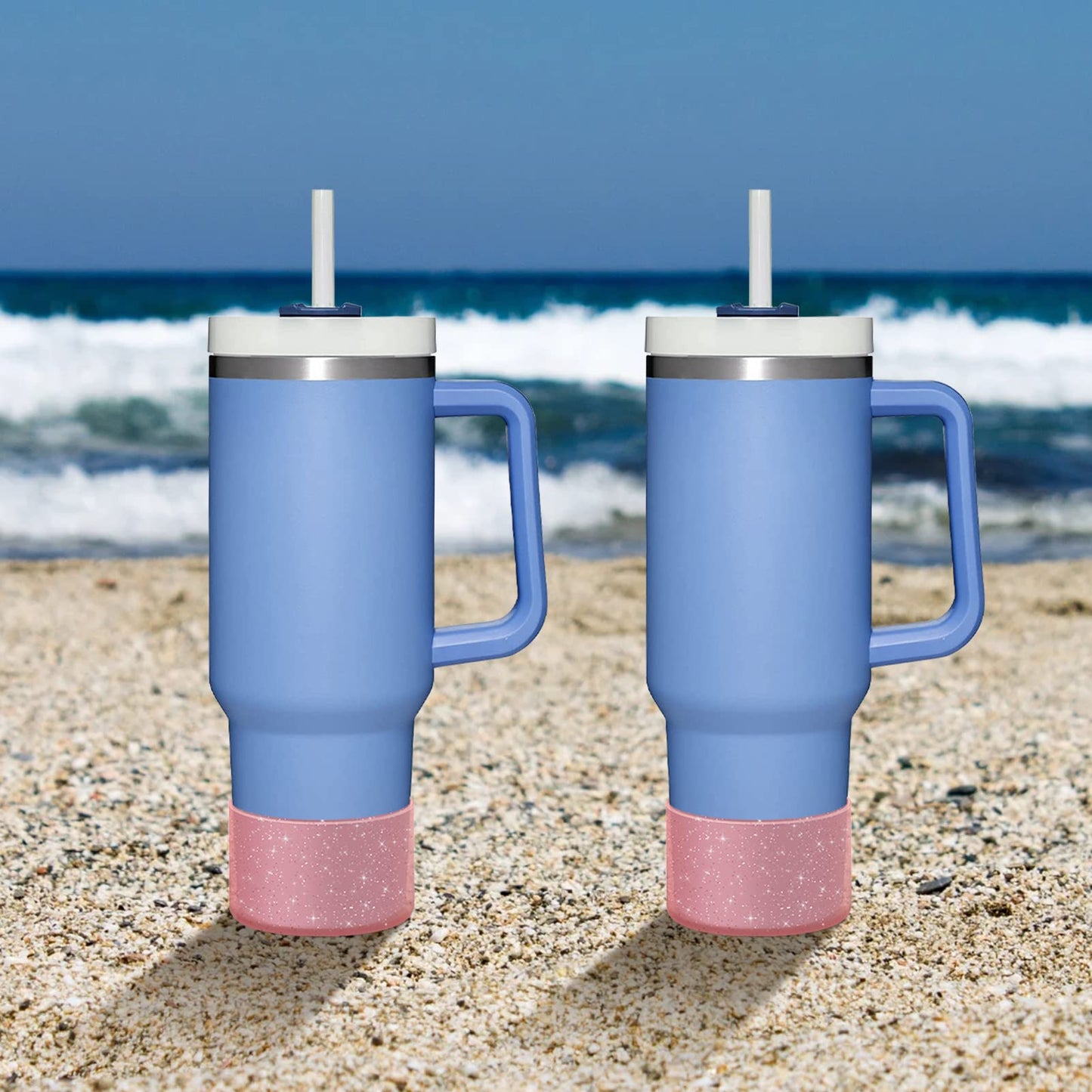 WUQID 2 Pack Bling Silicone Boot Compatible with Stanley Quencher Adventure 40oz & Stanley IceFlow 20oz 30oz, Reduces Dents Protective Water Bottle Bottom Cover Sleeve Compatible with Stanley Tumbler