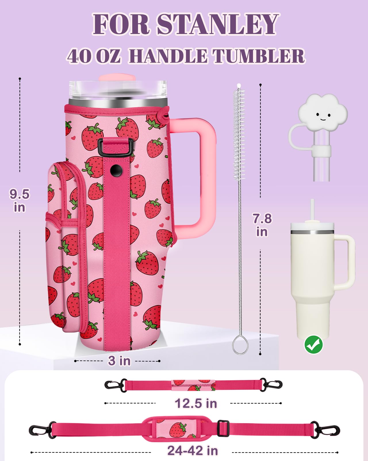 Toykee Water Bottle Holder Carrier Bag for Stanley 40 OZ Tumbler with Strap Phone Pocket, Wrap Around Drink Cup Purse Pouch with Straw Cover Cleaner Brush Accessories Strawberry Print